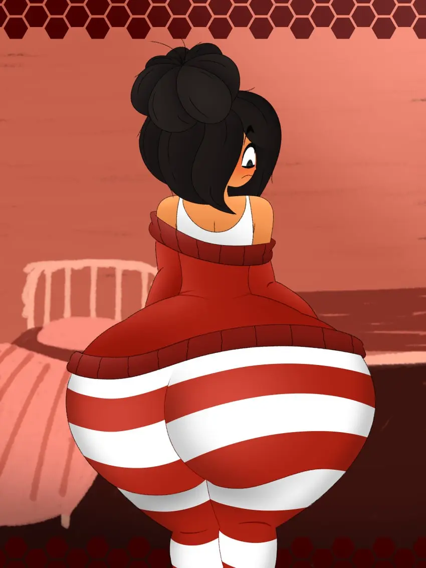 Image 1girls,breasts,female,large_breasts,solo,bottom_heavy,huge_ass,huge_butt,thick_thighs,hair_over_one_eye,wide_hips,tan_skin,solo_female,solo_focus,thick_ass,bed,tshirt,back_view,large_ass,sweater,nervous,striped_legwear,maya_schoppenboer,ongezellig