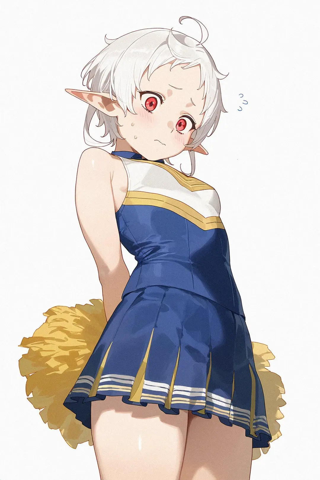 Image 1girls,blush,breasts,female,female_only,looking_at_viewer,red_eyes,solo,white_hair,small_breasts,embarrassed,petite,pointy_ears,looking_down,mushoku_tensei,cheerleader,sylphiette_(mushoku_tensei),mushoku_tensei:_isekai_ittara_honki_dasu