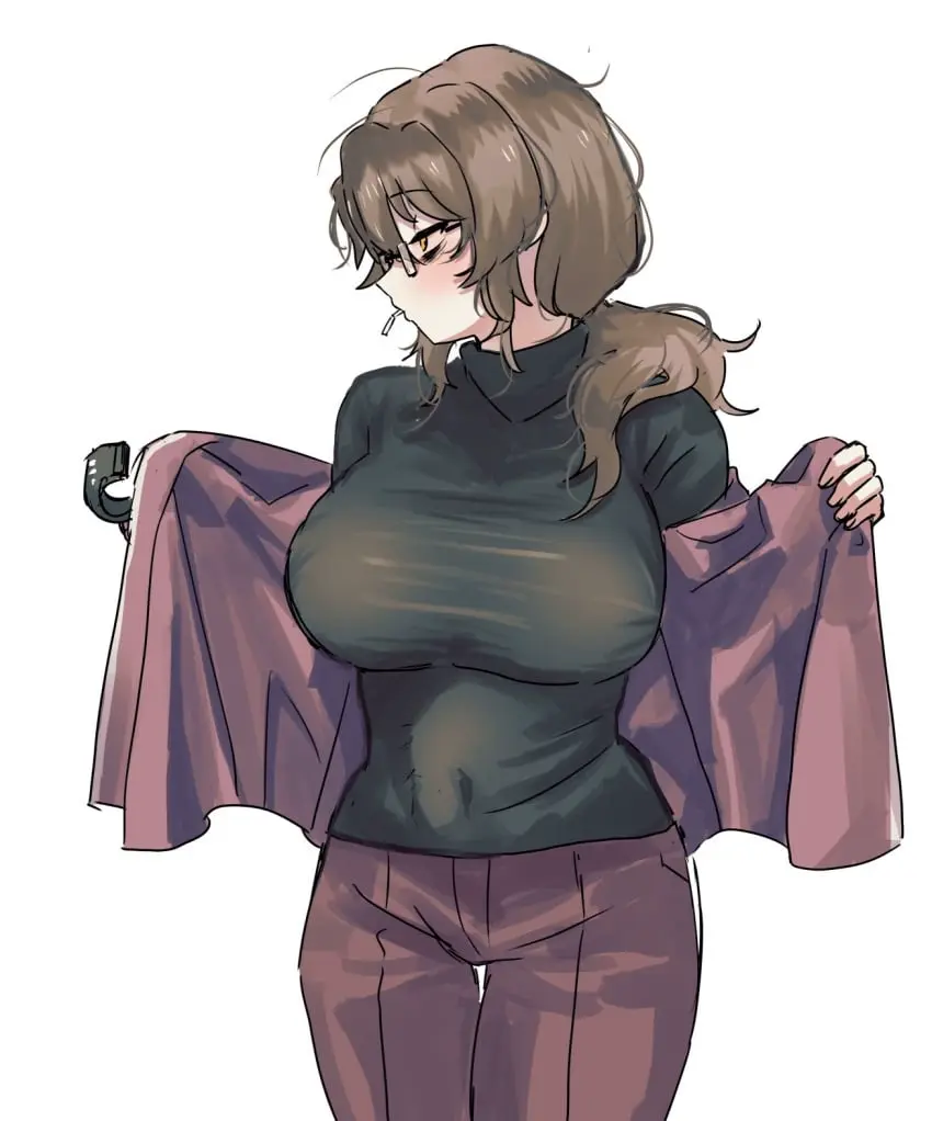 Image 1girls,big_breasts,blush,breasts,clothing,female,open_clothes,yellow_eyes,ponytail,glasses,brown_hair,medium_hair,see-through,rule_63,cigarette,project_moon,limbus_company,gregor_(limbus_company),kikkoinu,taking_off_jacket