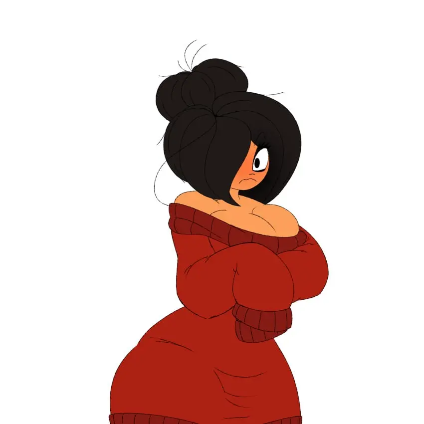 Image big_breasts,blush,breasts,female,large_breasts,black_hair,big_ass,hair_over_one_eye,wide_hips,shy,cleavage,eyebrows_visible_through_hair,sweater,hair_bun,messy_hair,maya_schoppenboer,ongezellig,oversized_clothes,southeast_asian
