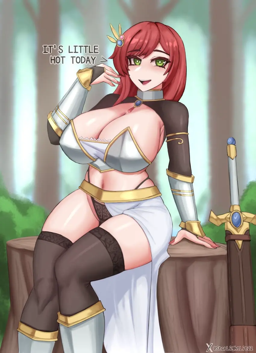 Image 1girls,blush,breasts,female,female_only,long_hair,looking_at_viewer,smile,solo,thighhighs,panties,cleavage,huge_breasts,text,green_eyes,sitting,stockings,revealing_clothes,english_text,thong,fully_clothed,forest,armor,sword,adventurequest_worlds,aqw,aqworlds,artix_entertainment,skimpy_armor,female_knight,starlightlit22,yara_(aqw)