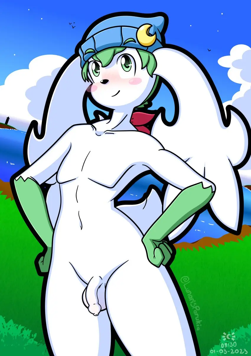 Image blush,clothing,hi_res,smile,solo,male,navel,nude,penis,pokemon,pokemon_(species),headwear,femboy,digital_media_(artwork),headgear,balls,hair,anthro,green_eyes,absurd_res,nintendo,green_hair,flaccid,fur,genitals,foreskin,uncircumcised,white_body,pokemorph,generation_4_pokemon,white_fur,mostly_nude,floppy_ears,headgear_only,confident,hands_on_hips,legendary_pokemon,headwear_only,shaymin,lunaris_parukia,noa_(lunaris_parukia),sky_forme_shaymin