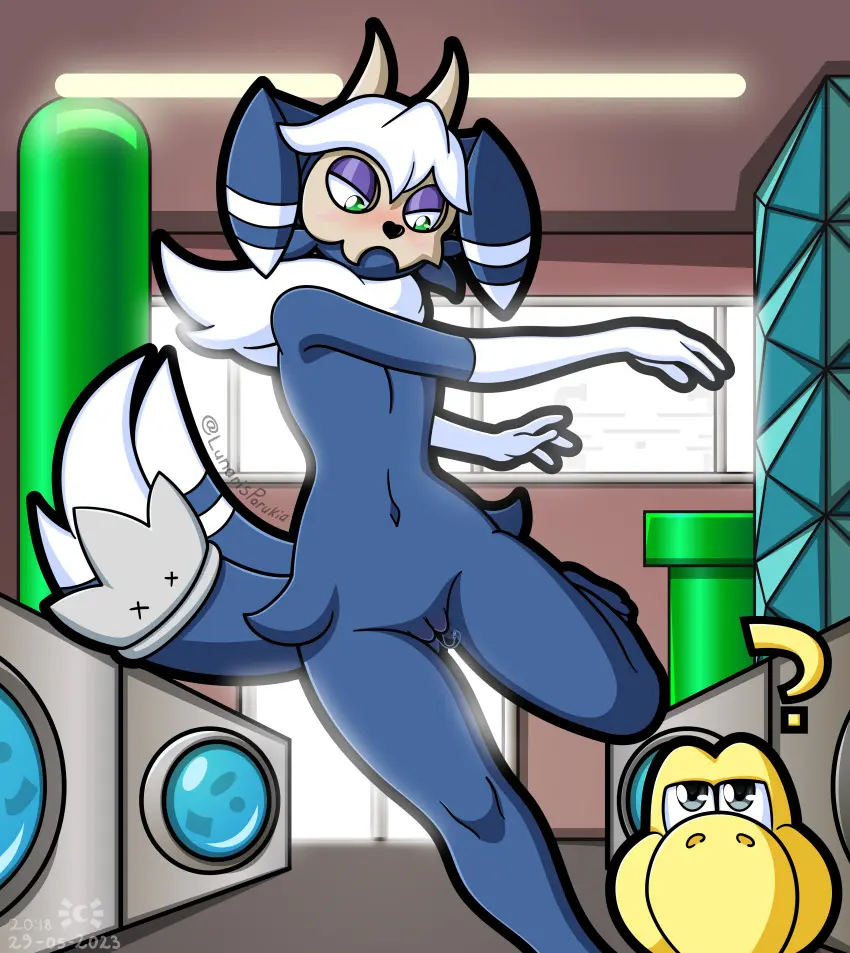 Image 2023,blush,breasts,female,hi_res,solo,navel,nude,pokemon,pokemon_(species),pussy,tail,duo,digital_media,headgear,anthro,green_eyes,absurd_res,indoors,mario_(series),nintendo,genital_fluids,public,bodily_fluids,fur,genitals,blue_body,scalie,blue_fur,flat_chested,tuft,rule_63,vaginal_fluids,crown,mask,multi_tail,koopa,innie_pussy,tails,public_nudity,skull_mask,neck_tuft,2_tails,super_mario_bros.,warp_pipe,kick,meowstic,lunaris_parukia,laundromat