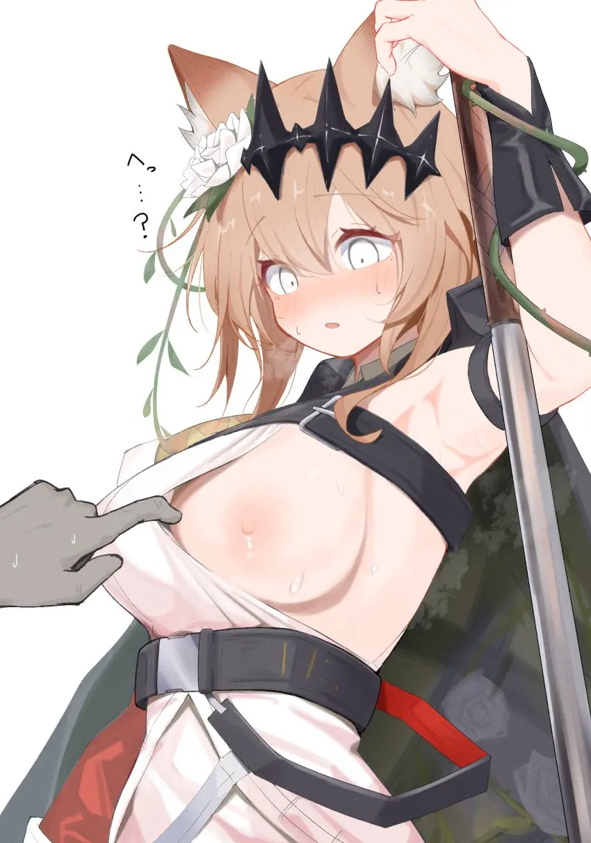 Image 1girls,blush,breasts,breasts_out,female,light-skinned_female,light_skin,shirt_pull,simple_background,1boy,animal_ears,male,sweat,animal_ear_fluff,cat_ears,catgirl,arknights,armpits,flower_in_hair,side_boob,blonde_hair,kemonomimi,upper_body,flower,?,arm_up,pcaccount13,vendela_(arknights)