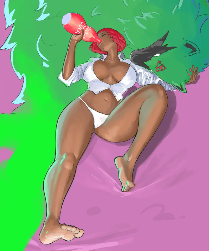 Image 1girls,big_breasts,breasts,female,panties,thick_thighs,thighs,feet,tan_skin,tan_body,dark-skinned_female,drinking,brazilian,tan,guilty_gear,giovanna_(guilty_gear),brazilian_female,necrolepsy,rei_(guilty_gear)