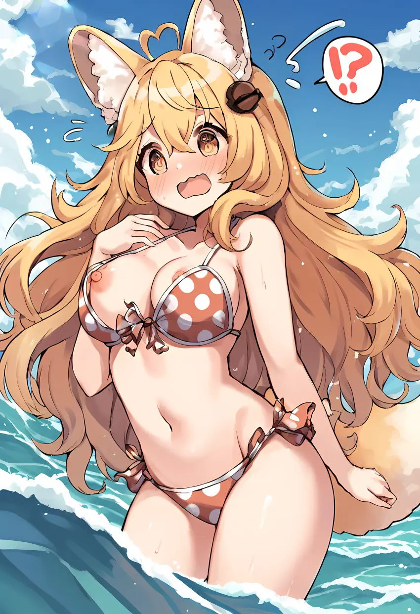 Image breasts,brown_eyes,female,long_hair,nipples,open_mouth,solo,tail,bikini,animal_ear_fluff,virtual_youtuber,water,embarrassed,sky,ai_generated,bare_shoulders,vtuber,blonde_hair,medium_breasts,cloud,ahoge,fox_girl,embarrassed_female,blue_sky,cloudy_sky,flying_sweatdrops,!?,polka_dot,waves,kaffi_taru,polka_dot_swimsuit
