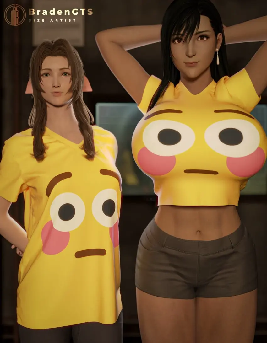 Image big_breasts,breasts,female,female_only,looking_at_viewer,2girls,multiple_girls,female_focus,midriff,size_difference,breasts_bigger_than_head,3d,3d_(artwork),final_fantasy,final_fantasy_vii,final_fantasy_vii_remake,tifa_lockhart,shorts,height_difference,larger_female,emoji,aerith_gainsborough,smaller_female,bradengts,video_game_character,multiple_females,exposed_midriff