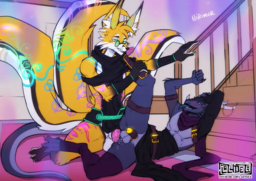Image male,anal,male/male,straps,mythology,canid,canine,mammal,scalie,fox,mythological_creature,dragon,mythological_scalie,fantasy,leather,building,house,stairs,mansion,lazydez,nirimer