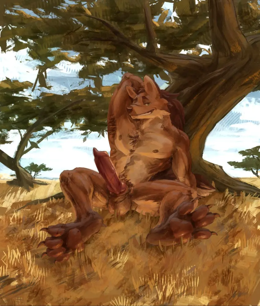 Image hi_res,looking_at_viewer,nipples,solo,male,penis,balls,anthro,tan_body,veiny_penis,fur,genitals,mammal,multicolored_body,multicolored_fur,claws,paws,pecs,toe_claws,tree,solo_male,brown_fur,vein,animal_genitalia,animal_penis,canine_genitalia,canine_penis,knot,plant,tuft,tan_fur,brown_body,grass_field,hyena,lilith_games,sitting_on_tree,afk_(series),afk_arena,afk_journey,odie_(afk),dragosderg