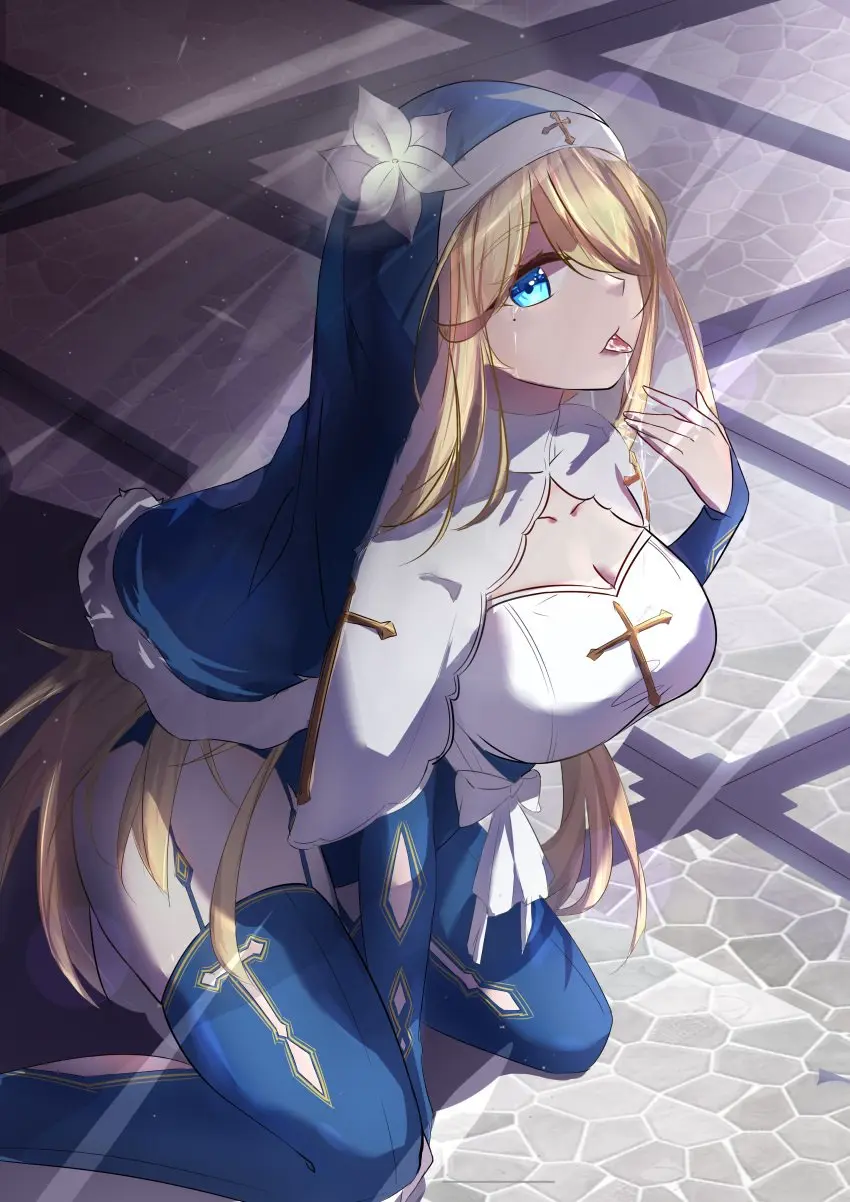 Image breasts,female,highres,large_breasts,long_hair,looking_at_viewer,open_mouth,solo,very_long_hair,absurdres,blue_eyes,cum,cum_in_mouth,sidelocks,thighhighs,tongue_out,tongue,hat,hair_over_one_eye,kneeling,cleavage,blonde_hair,dress,mole,hair_between_eyes,mole_under_eye,white_dress,capelet,commentary_request,feet_out_of_frame,flower,sunlight,chinese_commentary,hat_flower,garter_straps,nun,nun's_habit,cum_on_hands,blue_hat,white_flower,cross,blue_thighhighs,habit,long_bangs,mahjong_soul,sunbeam,cobblestone,light_rays,kitahara_lily,sanzen_rakusetsu_chu,white_capelet