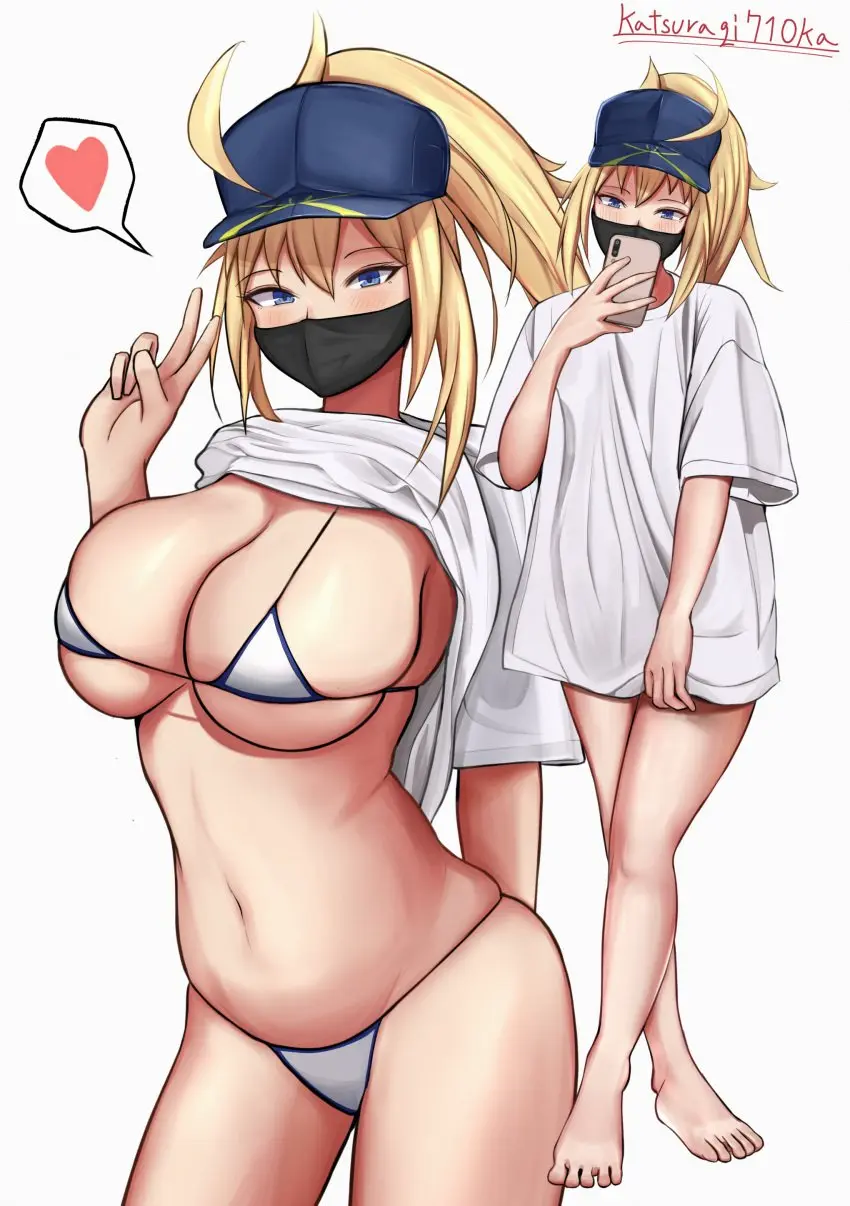 Image blush,breasts,female,highres,shirt,white_background,absurdres,blue_eyes,navel,bikini,hat,thighs,ponytail,cleavage,blonde_hair,swimsuit,white_shirt,commentary_request,alternate_costume,selfie,clothes_lift,shirt_lift,heart,spoken_heart,phone,fate_(series),wholesome,cellphone,smartphone,v,mask,mouth_mask,baseball_cap,fate/grand_order,loose_clothes,artoria_pendragon_(fate),loose_shirt,katsuragi_nantoka,mysterious_heroine_xx_(fate),mysterious_heroine_xx_(foreigner)