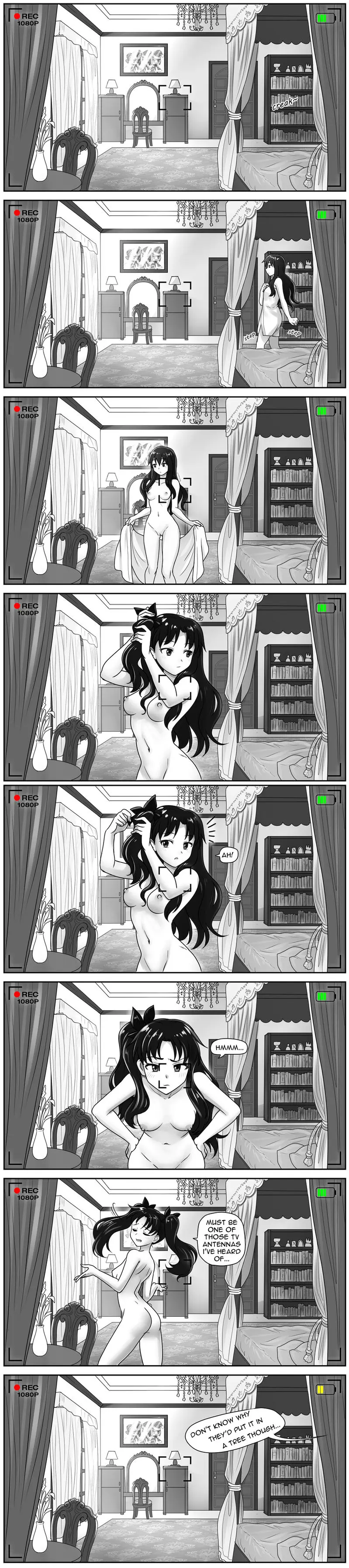 Image 1girls,breasts,female,female_only,solo,nude,boobs,tits,ass,nude_female,text,naked,comic,monochrome,dialogue,english_text,naked_female,towel,butt,fate_(series),tohsaka_rin,unaware,voyeurism,camera,camera_pov,skechplezures,padoru_(meme)