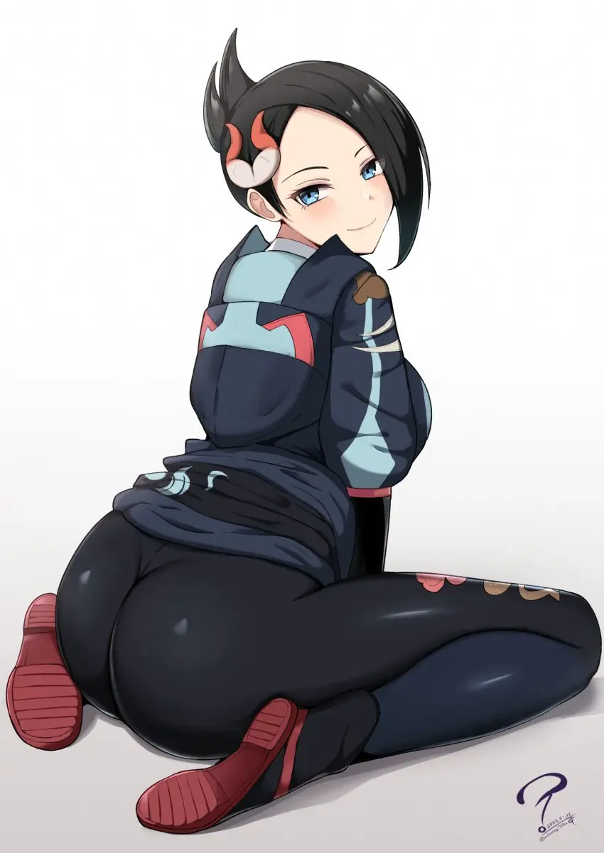 Image female,hair_ornament,highres,smile,solo,black_hair,blue_eyes,pokemon,short_hair,ass,sitting,short_sleeves,asymmetrical_hair,pantyhose,wariza,bad_id,bad_pixiv_id,pokemon_legends:_arceus,diamond_clan_outfit,mai_(pokemon_legends),katsuragi_nantoka