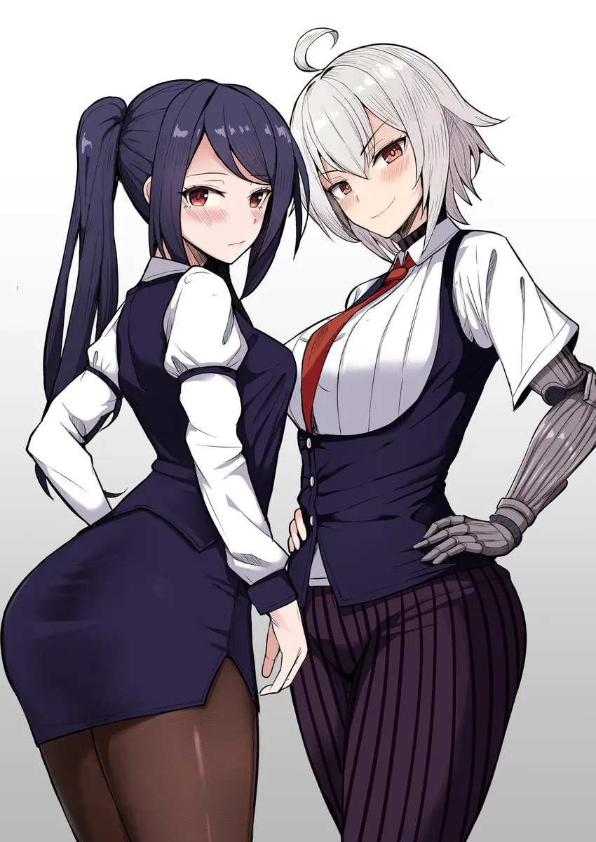 Image blush,breasts,collared_shirt,cowboy_shot,female,female_only,grey_hair,highres,large_breasts,long_hair,long_sleeves,looking_at_viewer,pants,red_eyes,shirt,simple_background,smile,white_background,2girls,black_hair,multiple_girls,short_hair,sidelocks,ass,looking_back,wide_hips,from_behind,ahoge,twintails,skirt,closed_mouth,short_sleeves,white_shirt,necktie,swept_bangs,fully_clothed,pantyhose,puffy_sleeves,vest,red_necktie,juliet_sleeves,striped,prosthetic_arm,pinstripe_pattern,black_vest,pencil_skirt,hands_on_own_hips,julianne_stingray,va-11_hall-a,bartender,prosthesis,sideways_glance,katsuragi_nantoka,dana_zane,mechanical_arms,single_mechanical_arm,pinstripe_pants
