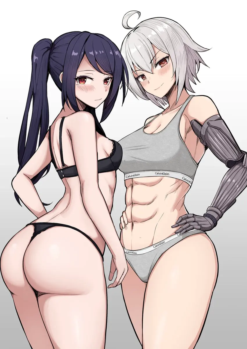 Image blush,breasts,brown_eyes,female,grey_hair,highres,large_breasts,long_hair,red_eyes,simple_background,2girls,absurdres,black_hair,multiple_girls,navel,short_hair,bra,panties,underwear,ass,small_breasts,thighs,muscular,cleavage,ahoge,black_panties,underwear_only,twintails,stomach,thong,cyborg,grey_background,abs,muscular_female,toned,product_placement,black_bra,science_fiction,prosthetic_arm,grey_panties,grey_bra,hands_on_own_hips,julianne_stingray,va-11_hall-a,prosthesis,calvin_klein,katsuragi_nantoka,dana_zane,mechanical_arms,single_mechanical_arm,calvin_klein_underwear,underwear_writing