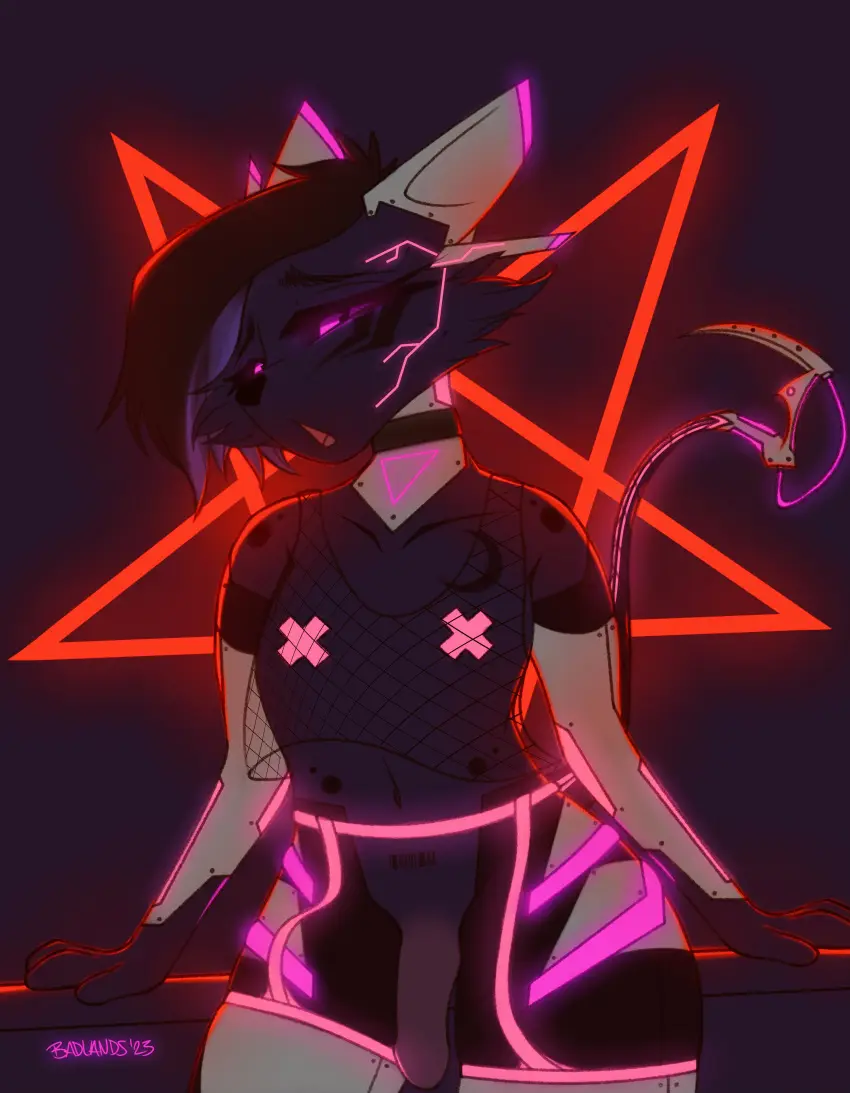 Image clothing,hi_res,choker,accessory,jewelry,tattoo,anthro,absurd_res,necklace,canid,canine,mammal,pasties,fox,markings,topwear,fishnet_clothing,machine,cybernetics,facial_markings,head_markings,barcode,cyberpunk,fishnet_topwear,garter,cybernetic_limb,neon,codenexusdrws