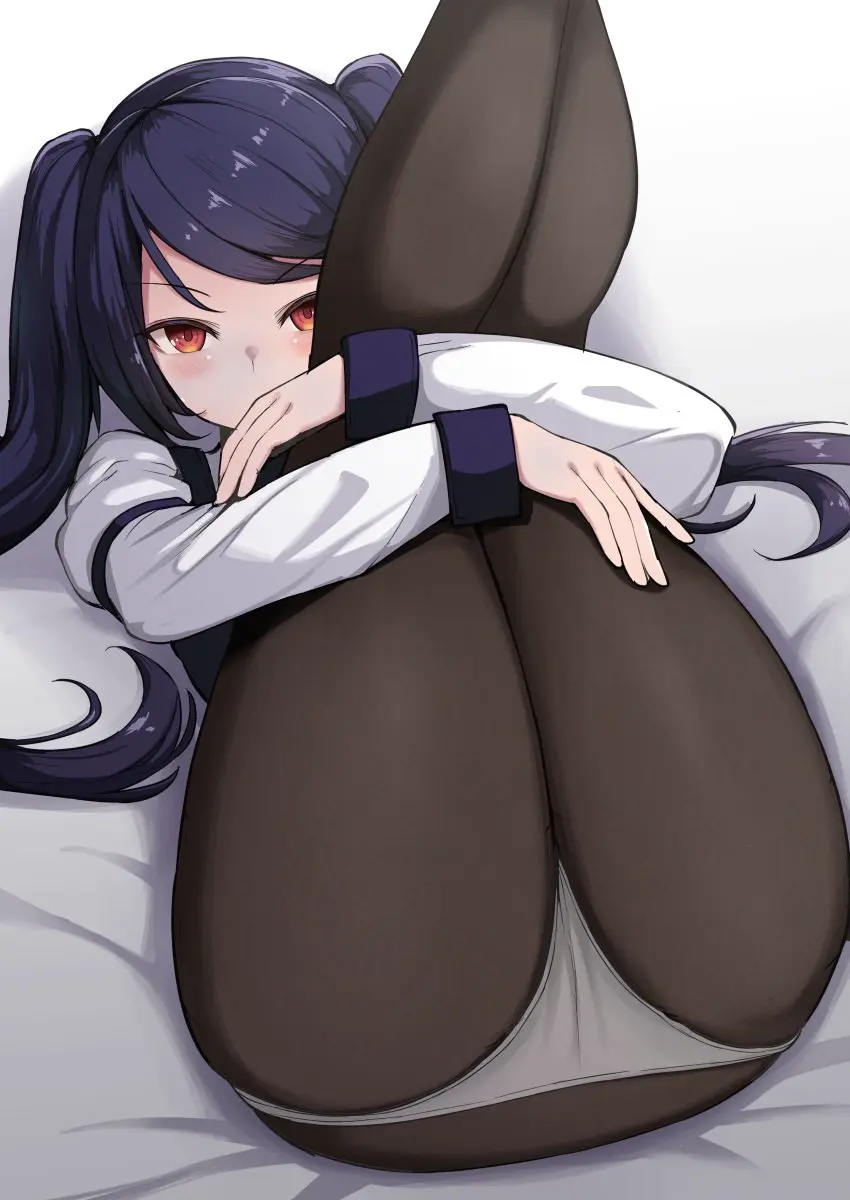 Image blush,female,highres,long_hair,long_sleeves,looking_at_viewer,red_eyes,solo,absurdres,black_hair,bed_sheet,lying,on_back,panties,underwear,ass,thighs,purple_hair,twintails,legs_up,feet_out_of_frame,swept_bangs,pantyhose,grey_panties,covered_mouth,julianne_stingray,va-11_hall-a,katsuragi_nantoka,hands_under_legs