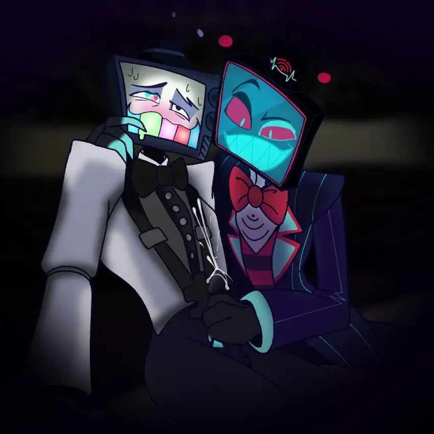 Image clothed,cum,male,pleasure_face,2boys,male_only,ejaculation,gay,cumshot,hazbin_hotel,pantsless,shirt_only,tv_head,vox_(hazbin_hotel),smg4,assisted_masturbation,stroking_cock,mr._puzzles