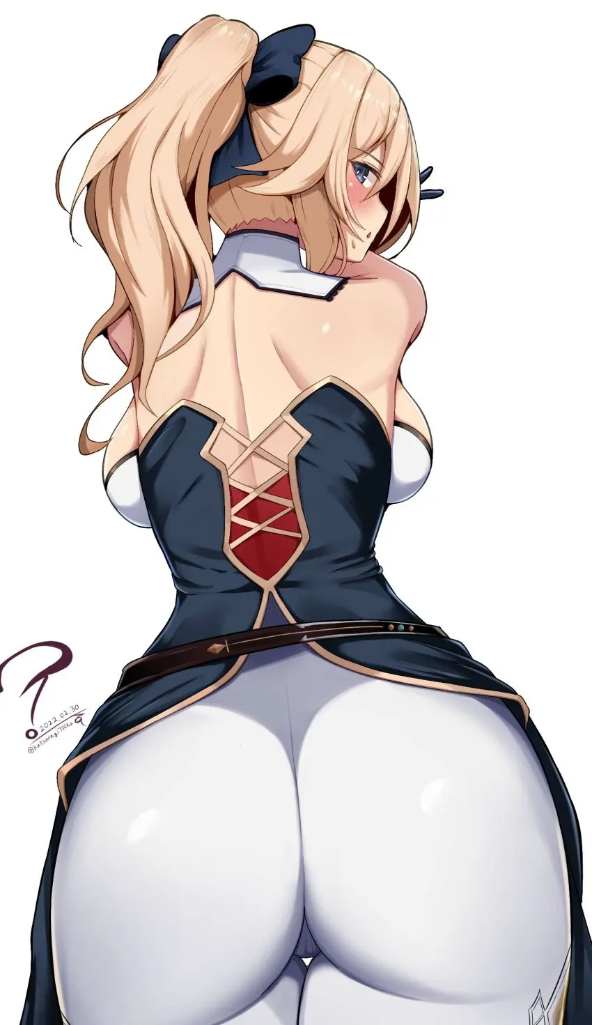 Image 1girls,big_breasts,blush,bow,breasts,female,female_only,hairbow,highres,large_breasts,long_hair,looking_at_viewer,pants,solo,absurdres,blue_eyes,sidelocks,ass,looking_back,ponytail,bare_shoulders,blonde_hair,genshin_impact,back,belt,2024,white_pants,tight_clothes,jean_gunnhildr,tight_pants,katsuragi_nantoka