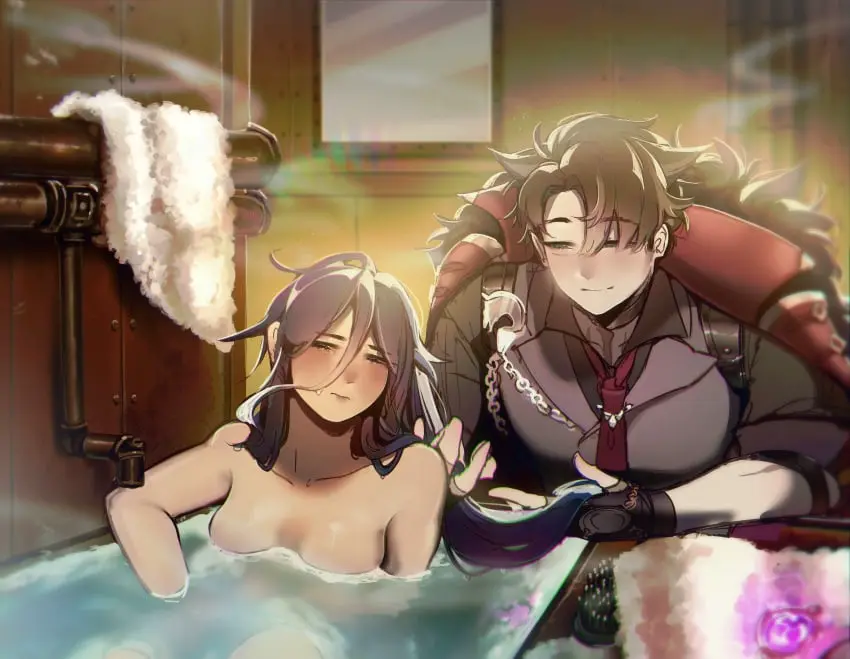 Image 1girls,blush,breasts,female,1boy,male,nude_female,genshin_impact,bathroom,clothed_male_nude_female,nervous,wholesome,bathing,shower,wriothesley_(genshin_impact),hand_on_hair,washing,clorinde_(genshin_impact)