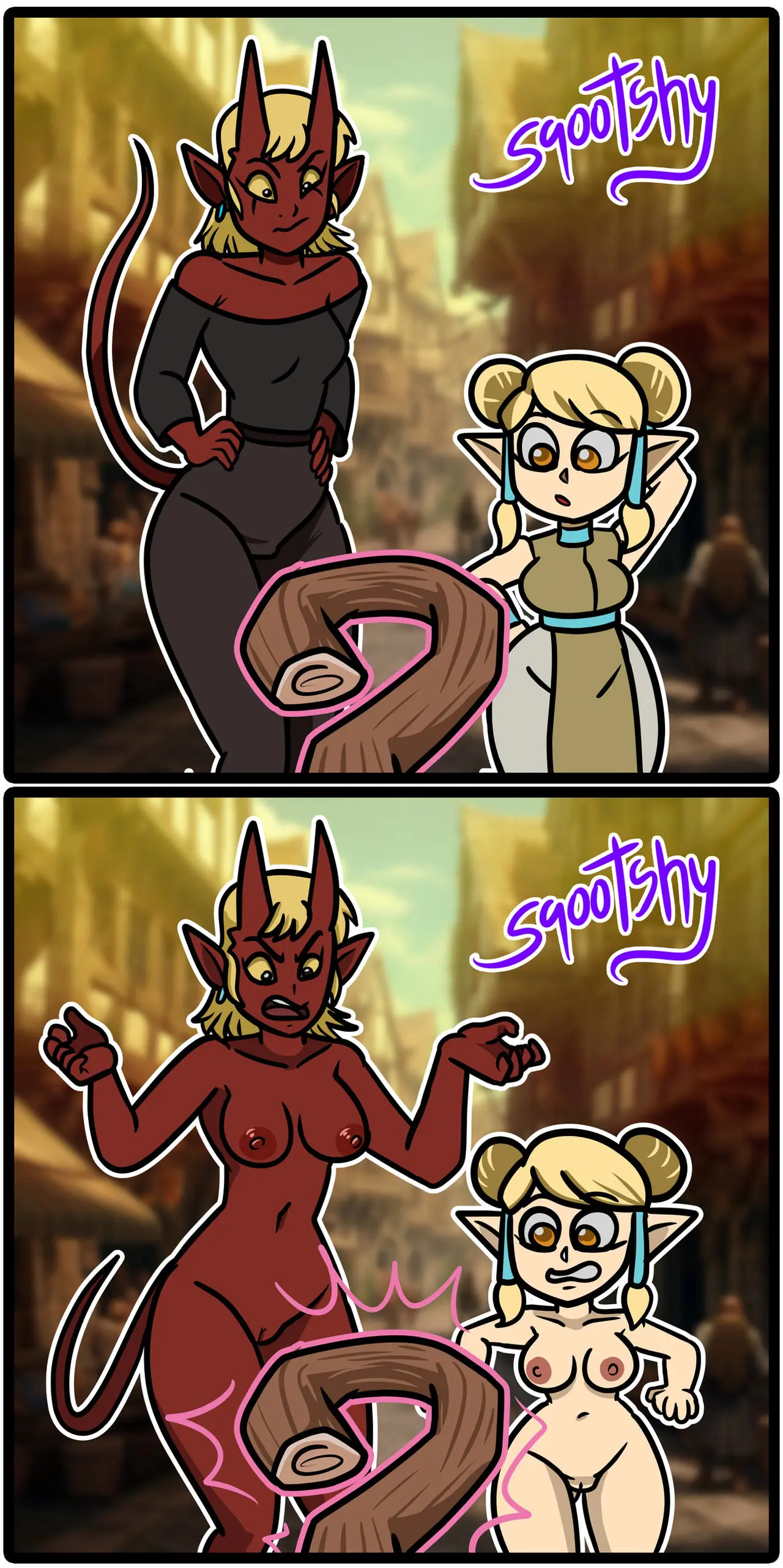 Image breasts,female,multiple_girls,nude,female_focus,horns,nude_female,blonde_hair,naked,demon,naked_female,magic,assisted_exposure,stripped,stripped_naked,gnome,sqootshy