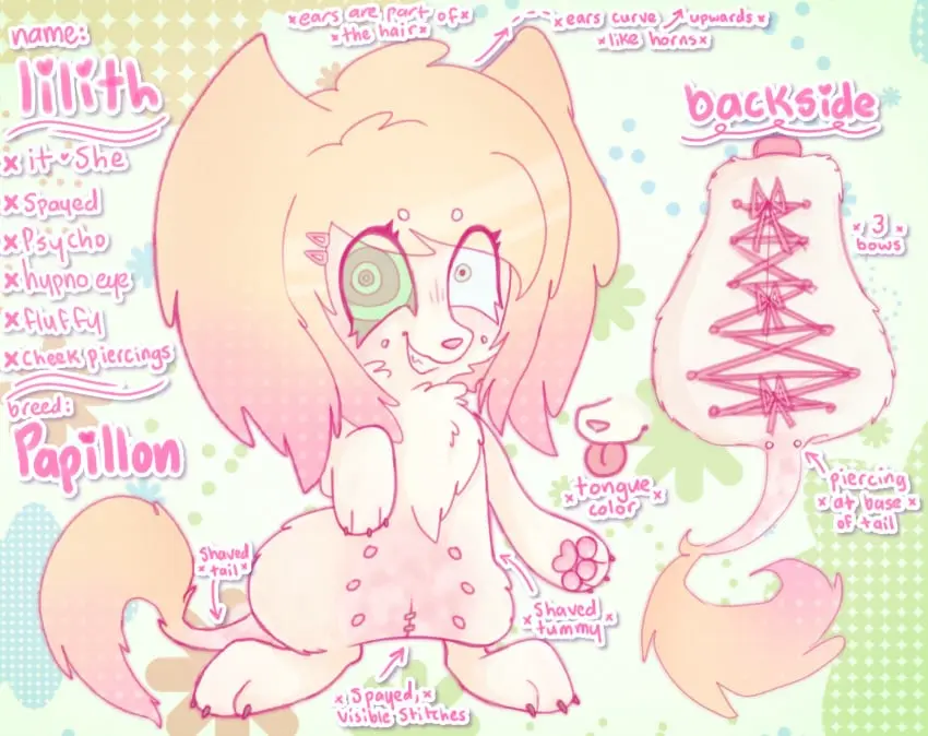 Image female,hi_res,nipples,smile,solo,tail,tongue_out,furry,tongue,hair,piercing,text,canid,canine,canis,domestic_dog,mammal,english_text,2024,smirk,feral,semi-anthro,heart_symbol,pink_tongue,pink_nose,stitch_(sewing),toy_dog,model_sheet,spiral_eyes,character_name,furgonomics,furry-specific_piercing,tail_piercing,bow_(feature),eunuch,pink_text,bipedal_feral,pronouns,feral_with_hair,klbblez,papillon,shaved_fur,spayed