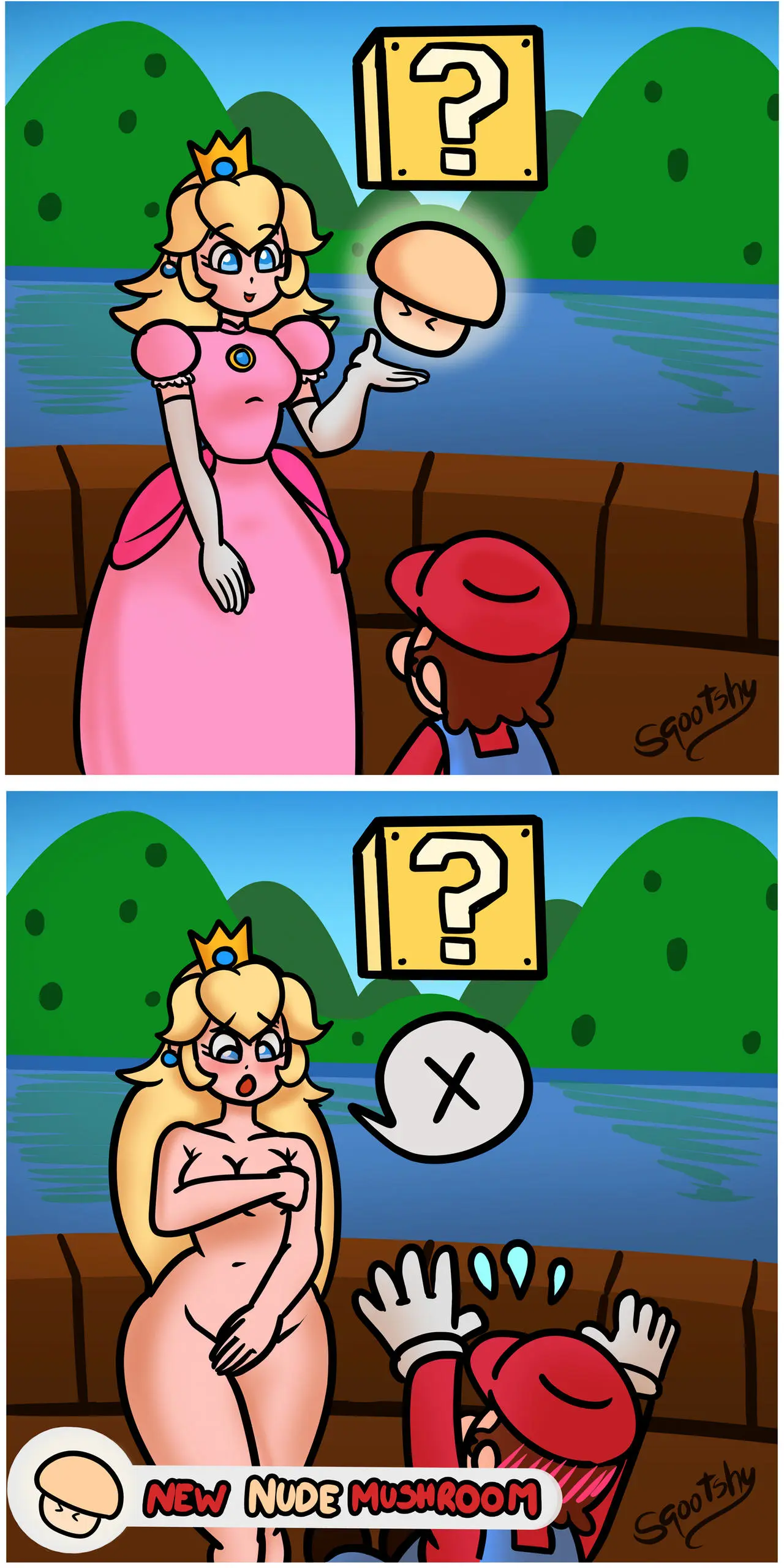 Image female,nude,female_focus,embarrassed,nude_female,naked,mario_(series),outdoors,naked_female,princess,princess_peach,mushroom,super_mario_bros.,embarrassed_nude_female,enf,mario,power_up,suddenly_naked,sqootshy,disappearing_clothes