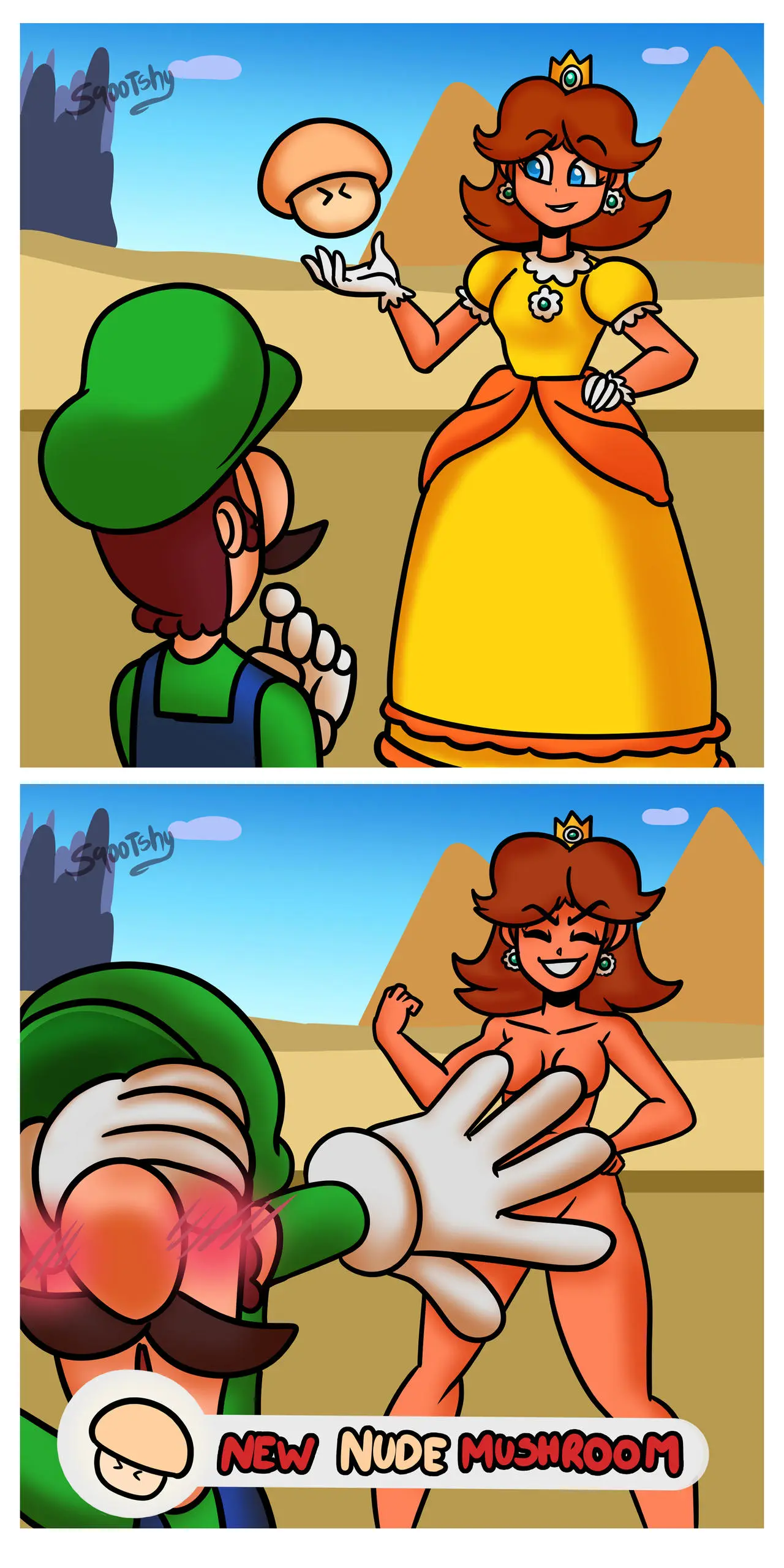 Image female,nude,female_focus,embarrassed,nude_female,naked,mario_(series),princess_daisy,naked_female,princess,mushroom,luigi,super_mario_land,embarrassed_male,power_up,sqootshy