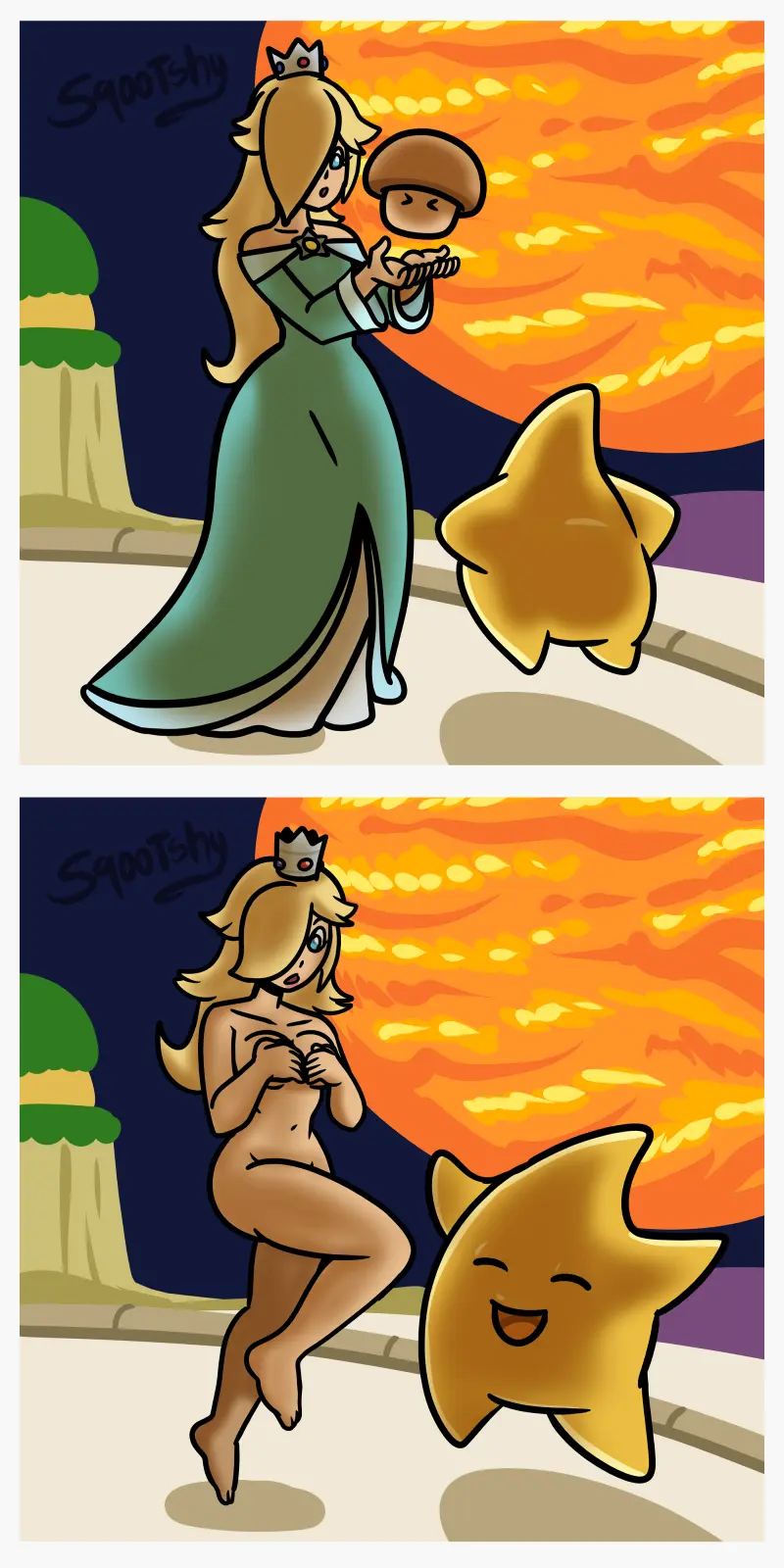 Image female,nude,female_focus,embarrassed,nude_female,naked,mario_(series),outdoors,naked_female,princess,mushroom,embarrassed_nude_female,super_mario_galaxy,princess_rosalina,enf,power_up,luma,suddenly_naked,sqootshy,disappearing_clothes