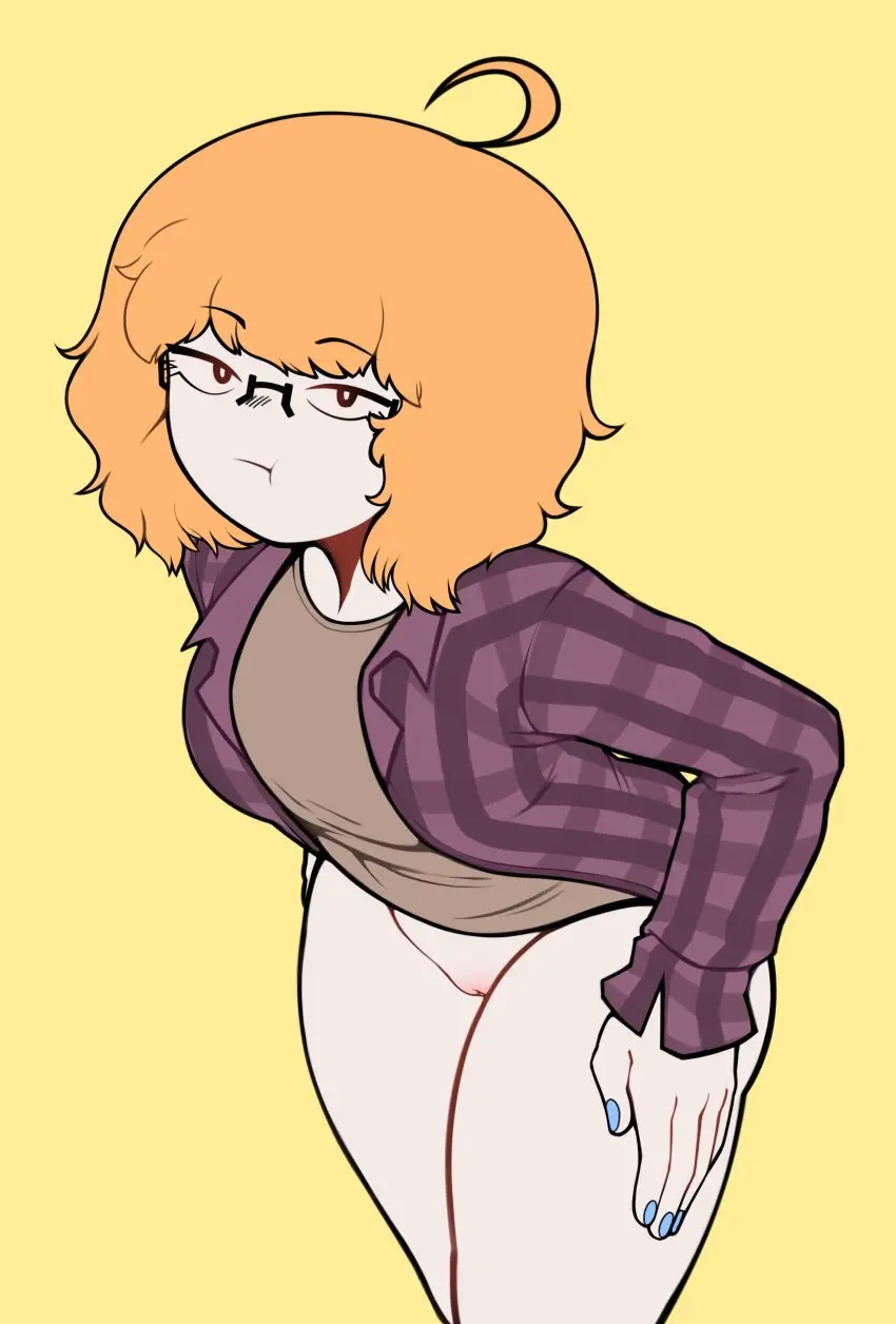 Image 1girls,clothing,female,female_only,highres,human,solo,pussy,female_focus,vagina,orange_hair,solo_female,solo_focus,eyewear,glasses,original,original_character,pale_skin,2022,bottomless,painted_nails,casual,holly_(purringjello),purringjello
