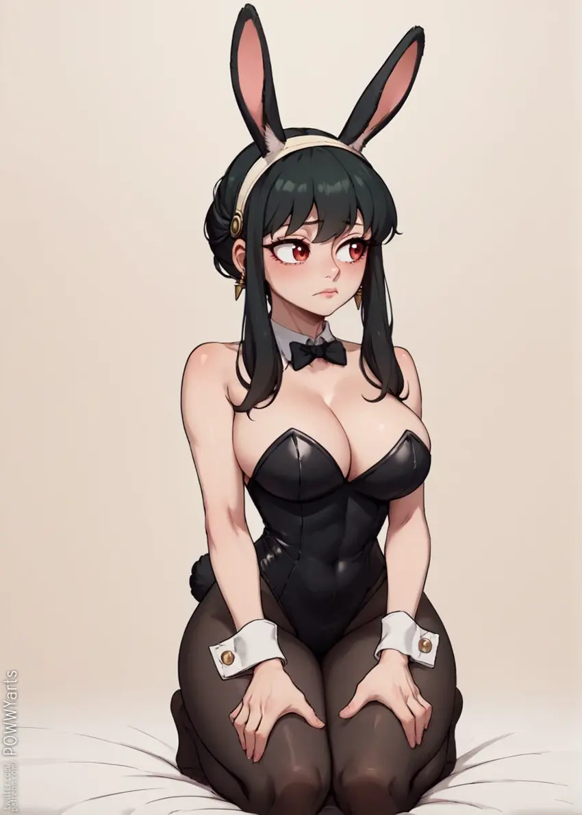 Image 1girls,big_breasts,breasts,female,female_only,human,red_eyes,solo,black_hair,ai_generated,bunnysuit,playboy_bunny,spy_x_family,yor_briar,yor_forger,looking_away_from_viewer,powwyarts