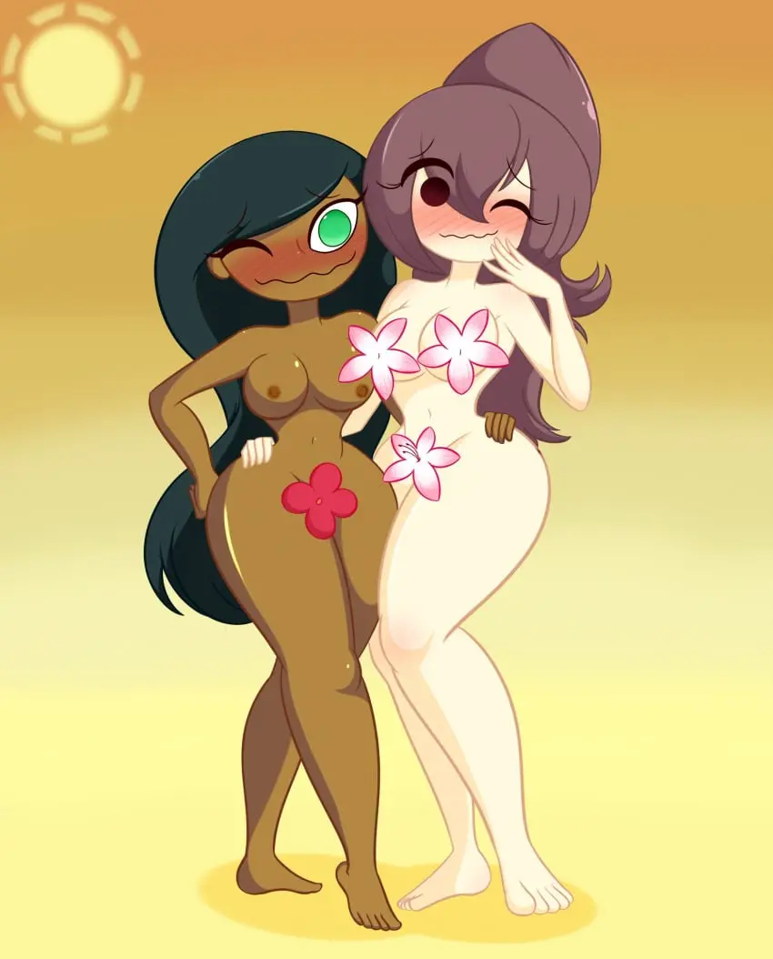 Image blush,breasts,female,2girls,multiple_girls,nude,dark_skin,embarrassed,tagme,flower,dexter's_laboratory,limbros,calumba,limb_(limbros)