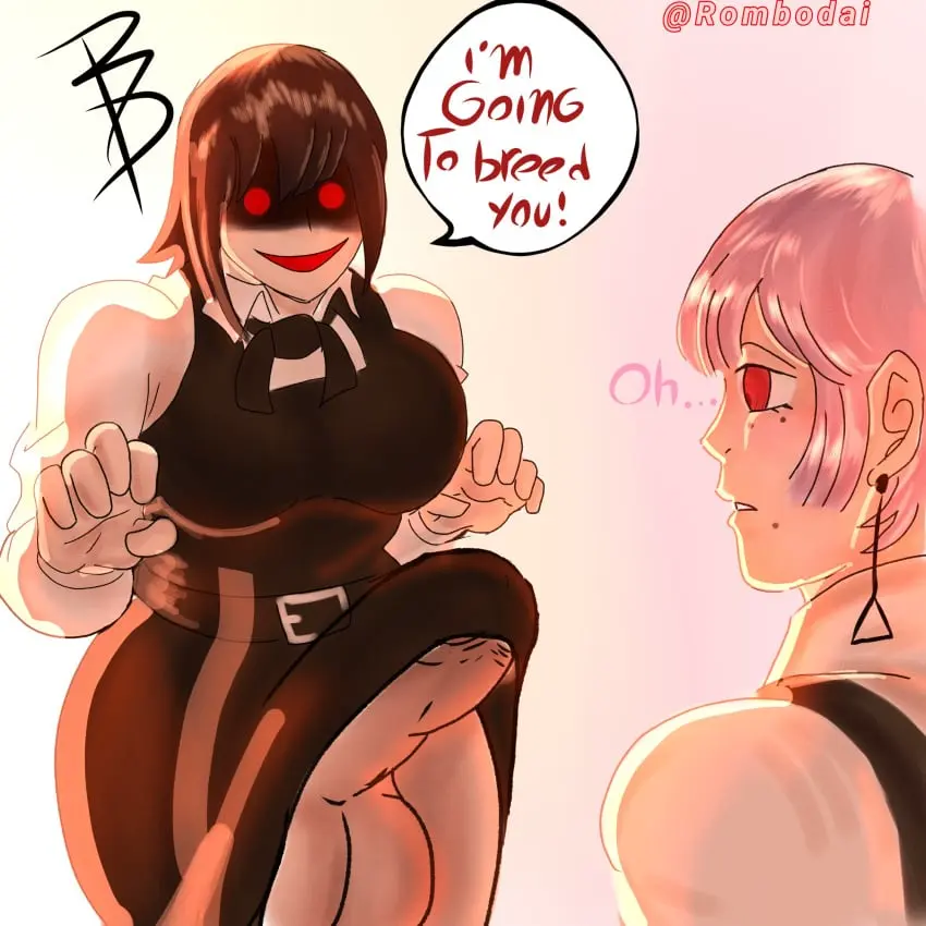 Image 1girls,big_breasts,breasts,clothed,clothing,female,human,light-skinned_female,light_skin,mostly_clothed,standing,penis,big_penis,thighs,1futa,duo,erection,futa_on_female,futanari,intersex,light-skinned_futa,balls,huge_cock,big_balls,bottomless,big_thighs,chainsaw_man,death_devil,yoru_(chainsaw_man),rombodai