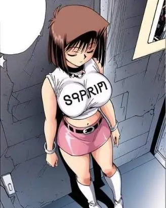 Image big_breasts,breasts,female,blue_eyes,ai_generated,huge_breasts,brown_hair,yu-gi-oh!,white_shirt,2024,pink_skirt,yu-gi-oh!_duel_monsters,tea_gardner,illegible_text