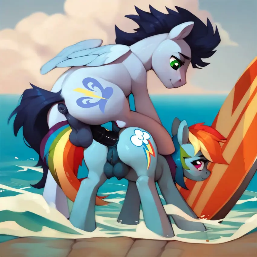 Image breasts,female,nipples,penis,pussy,doggy_style,ocean,vagina,ai_generated,anal,balls,anus,friendship_is_magic,my_little_pony,horsecock,crotchboobs,rainbow_dash_(mlp),equine,pony,soarin_(mlp),surfboard