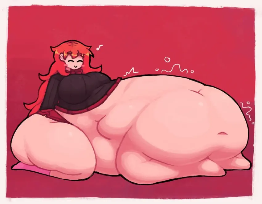 Image 1girls,female,red_eyes,smile,red_hair,belly,huge_belly,sweater,vore,vore_belly,belly_bulge,ghornyb,scarlet_(ghornyb)