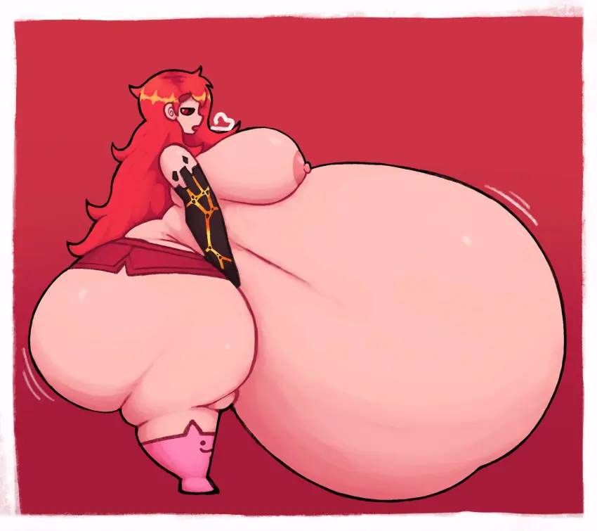Image 1girls,big_breasts,breasts,female,red_eyes,red_hair,ass,big_ass,thick_thighs,thighs,belly,huge_belly,side_view,sideboob,shorts,hyper_belly,belly_bigger_than_body,ghornyb,scarlet_(ghornyb),cat_socks