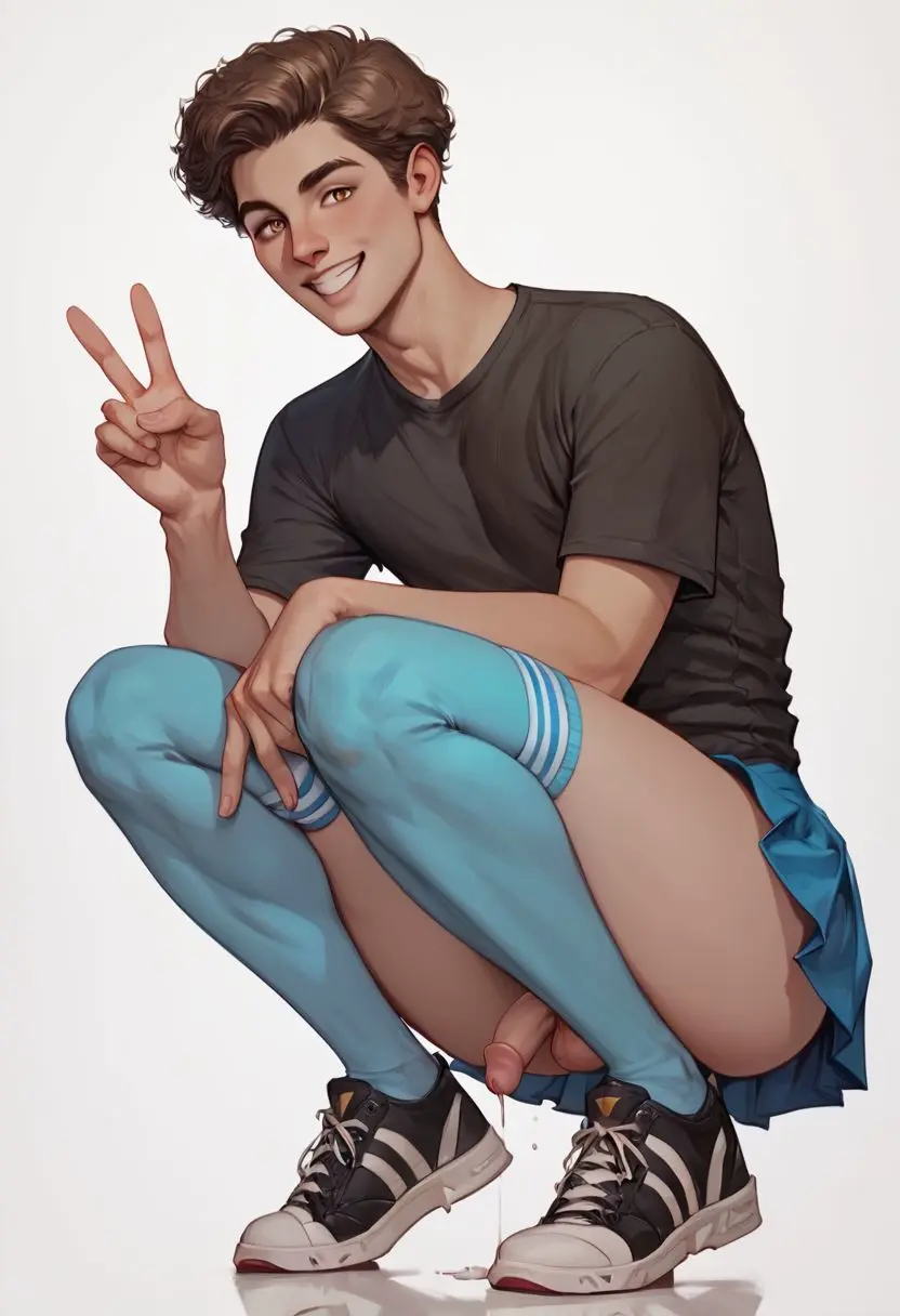 Image penis,thighhighs,ass,big_ass,big_butt,bubble_ass,bubble_butt,thick_thighs,thighs,smiling,ai_generated,round_ass,round_butt,brown_hair,miniskirt,skirt,squatting,dripping,blue_skirt,t-shirt,black_shoes,black_shirt,peace_sign,dripping_penis,dripping_precum,hazel_eyes,plump_ass,tallcallipygian,tcallipygian,sneakers