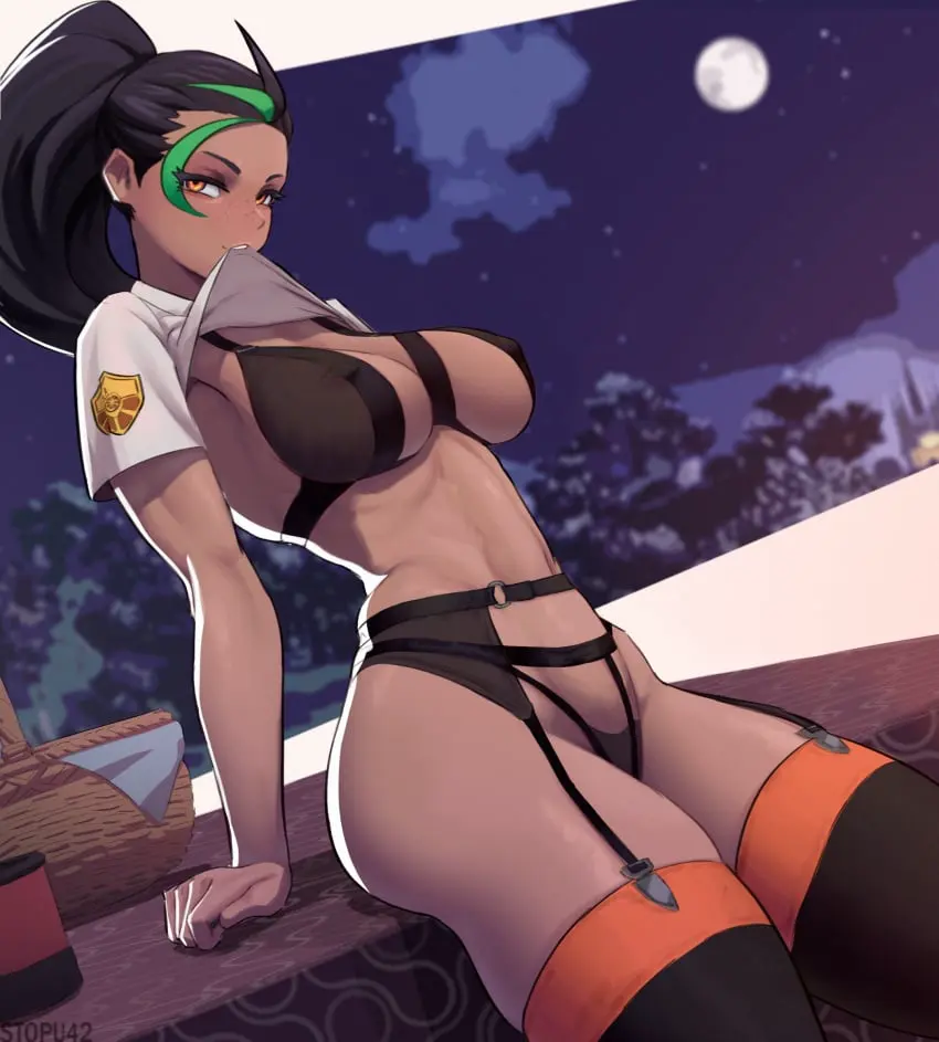 Image 1girls,breasts,female,highres,large_breasts,looking_at_viewer,shirt,black_hair,pokemon,thighhighs,underwear,thighs,multicolored_hair,dark_skin,freckles,sky,lingerie,aged_up,sitting,stockings,school_uniform,dark-skinned_female,nintendo,mouth_hold,green_hair,full_moon,moon,white_shirt,two-tone_hair,clothes_lift,shirt_lift,streaked_hair,pokemon_sv,arm_support,garter_belt,table,toned,starry_sky,black_thighhighs,garter_straps,game_freak,cup,creatures_(company),covered_erect_nipples,basket,star_(sky),nemona_(pokemon),coffee_cup,hair_pulled_back,disposable_cup,stopu,uva_academy_school_uniform