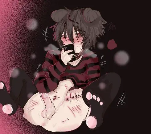 Image red_eyes,male,penis,thighhighs,thick_thighs,femboy,black_background,brown_hair,cute,paws,solo_male,breath,black_sweater,phone,pink_penis,puppyplay,red_stripes,ezekiel_crybaby,puppy_boy,zekiel