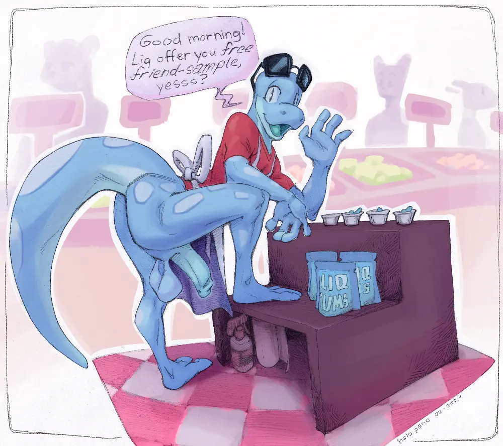 Image clothed,clothing,looking_at_viewer,shirt,male,penis,tail,big_penis,digital_media_(artwork),balls,eyewear,text,sunglasses_on_head,presenting,public,genitals,bottomless,apron,english_text,blue_body,reptile,scalie,speech_bubble,topwear,eyewear_on_head,raised_tail,sunglasses,traditional_media_(artwork),presenting_penis,lizard,public_nudity,wave,mixed_media,halo-pano,gecko,grocery_store,apron_aside,broken_english,free_samples,liq,paper_towel,spray_bottle