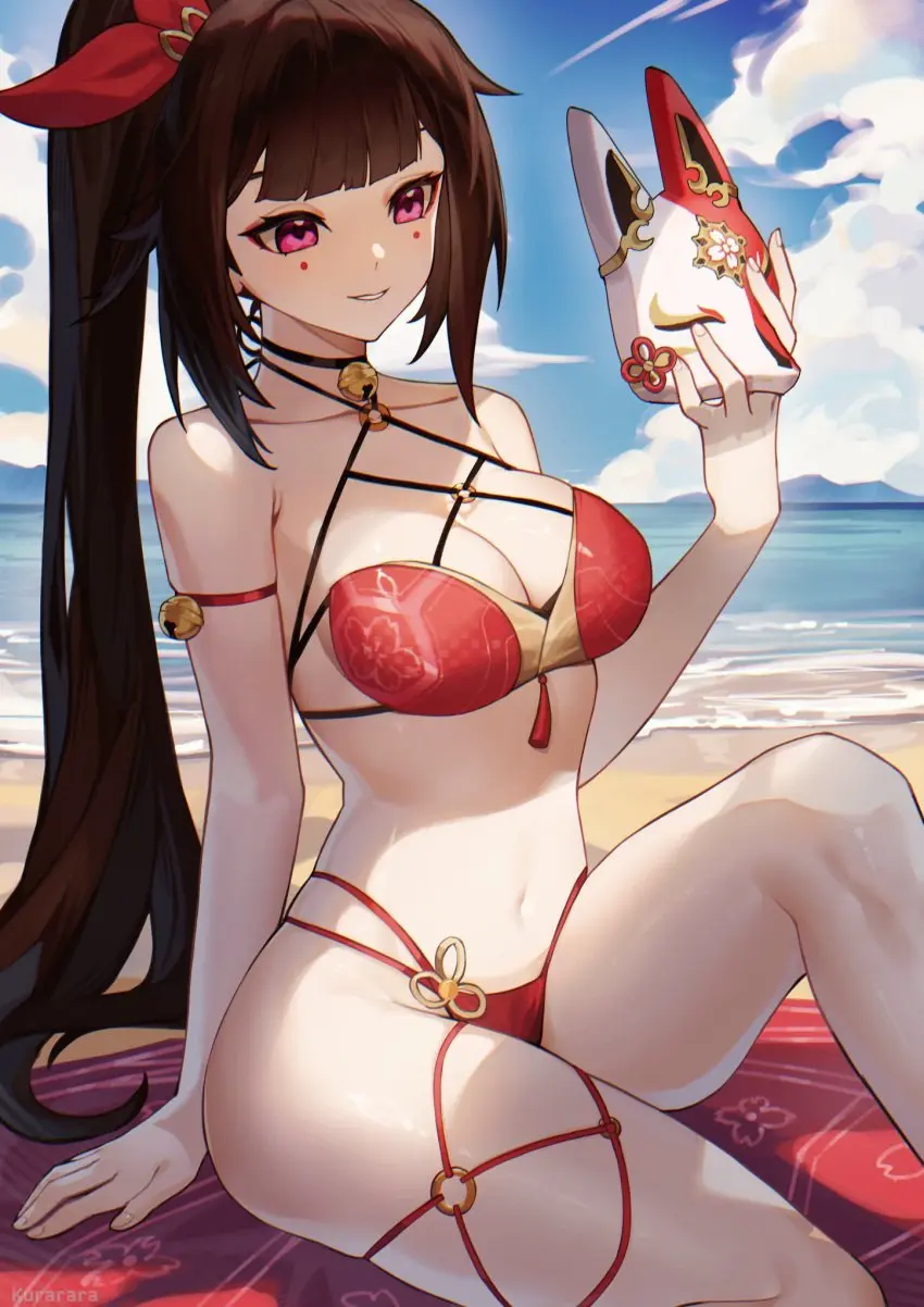 Image 1girls,breasts,female,female_only,highres,light-skinned_female,light_skin,long_hair,solo,bikini,female_focus,ponytail,beach,smiling,water,ocean,sky,belly_button,cleavage,solo_female,solo_focus,2d,medium_breasts,pink_eyes,sitting,swimsuit,artist_request,brown_hair,outdoors,hourglass_figure,holding_object,alternate_costume,sand,2d_(artwork),young,high_resolution,thong,front_view,long_ponytail,younger_female,day,mihoyo,alternate_hairstyle,mask,summer,hoyoverse,clouds,thong_bikini,honkai:_star_rail,honkai_(series),sparkle_(honkai:_star_rail),red_bikini,multi-strapped_panties,holding_mask,kitsune_mask