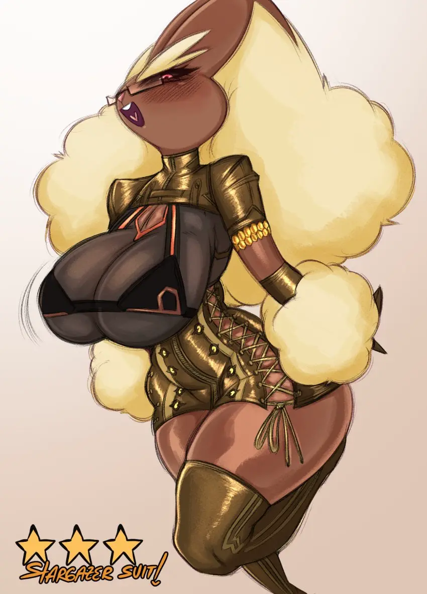 Image 1girls,breasts,female,hi_res,simple_background,pokemon,pokemon_(species),furry,thick_thighs,thighs,wide_hips,hips,huge_breasts,anthro,rabbit_ears,nintendo,long_ears,pokémon_(species),generation_4_pokemon,brown_body,naughty_face,lopunny,saltyxodium
