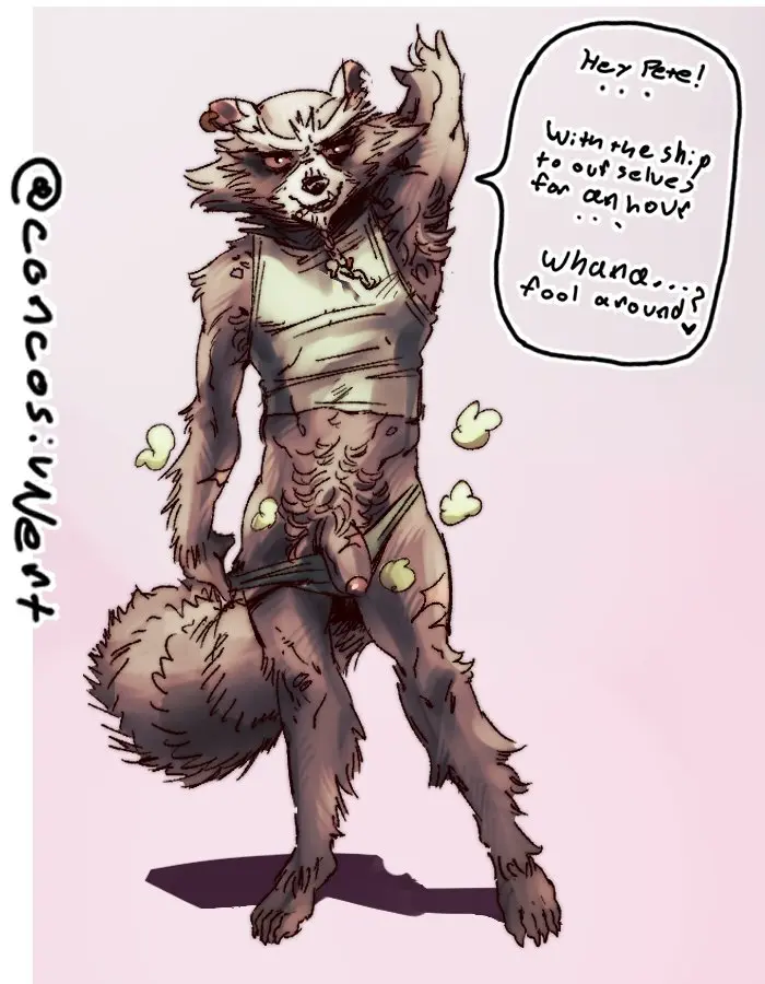 Image clothed,clothing,red_eyes,simple_background,solo,male,penis,male_only,anthro,flaccid,genitals,mammal,foreskin,uncircumcised,partially_clothed,armpit_fetish,raccoon,speech_bubble,pubes,marvel,marvel_comics,guardians_of_the_galaxy,procyonid,rocket_raccoon,body_hair,armpit_hair,musk,musk_clouds,musky_cock,raised_arms,alternate_version_at_source,concosive