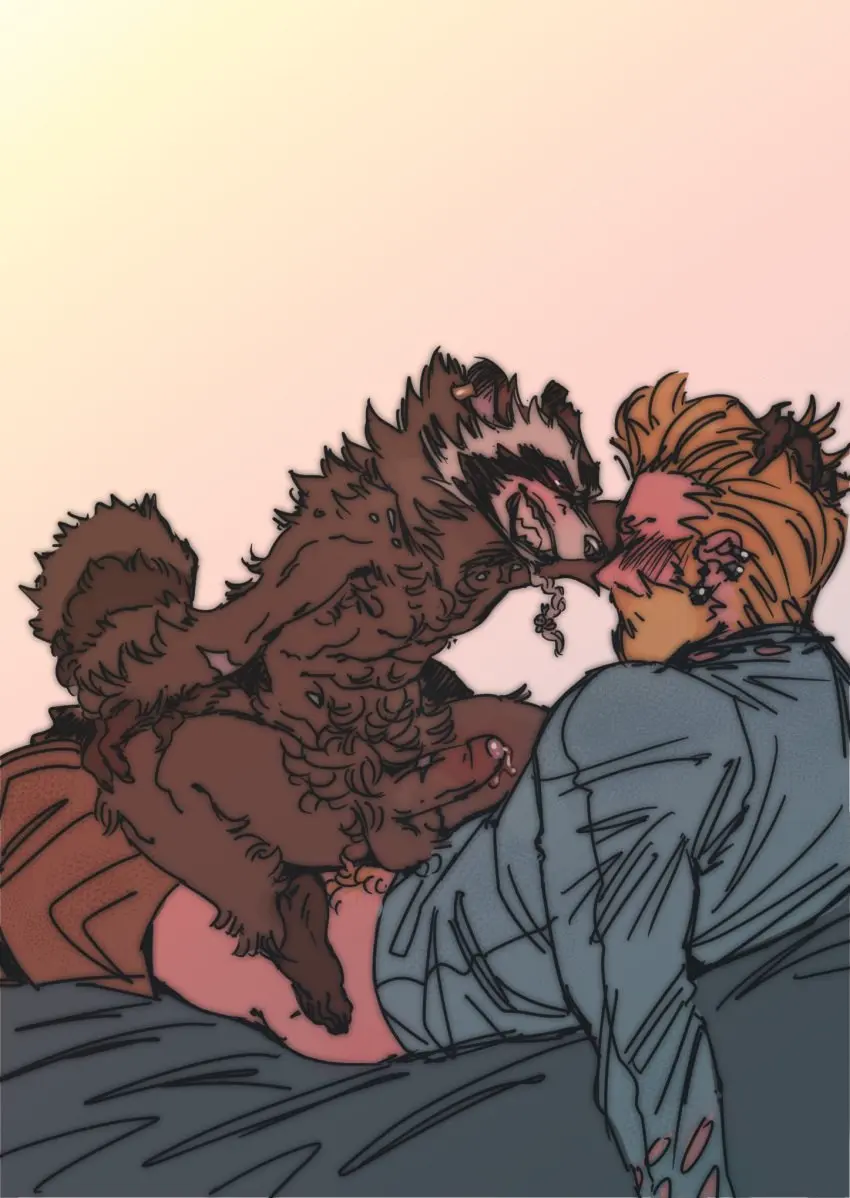 Image blush,clothed,clothing,hi_res,human,simple_background,smile,cum,hand_on_head,male,duo,erection,anal,anal_sex,male/male,size_difference,anthro,piercing,looking_pleasured,penetration,genital_fluids,bodily_fluids,mammal,precum,ear_piercing,interspecies,leaking_cum,raccoon,human_on_anthro,pubes,small_dom_big_sub,marvel,marvel_comics,facial_hair,guardians_of_the_galaxy,peter_quill,procyonid,rocket_raccoon,concosive