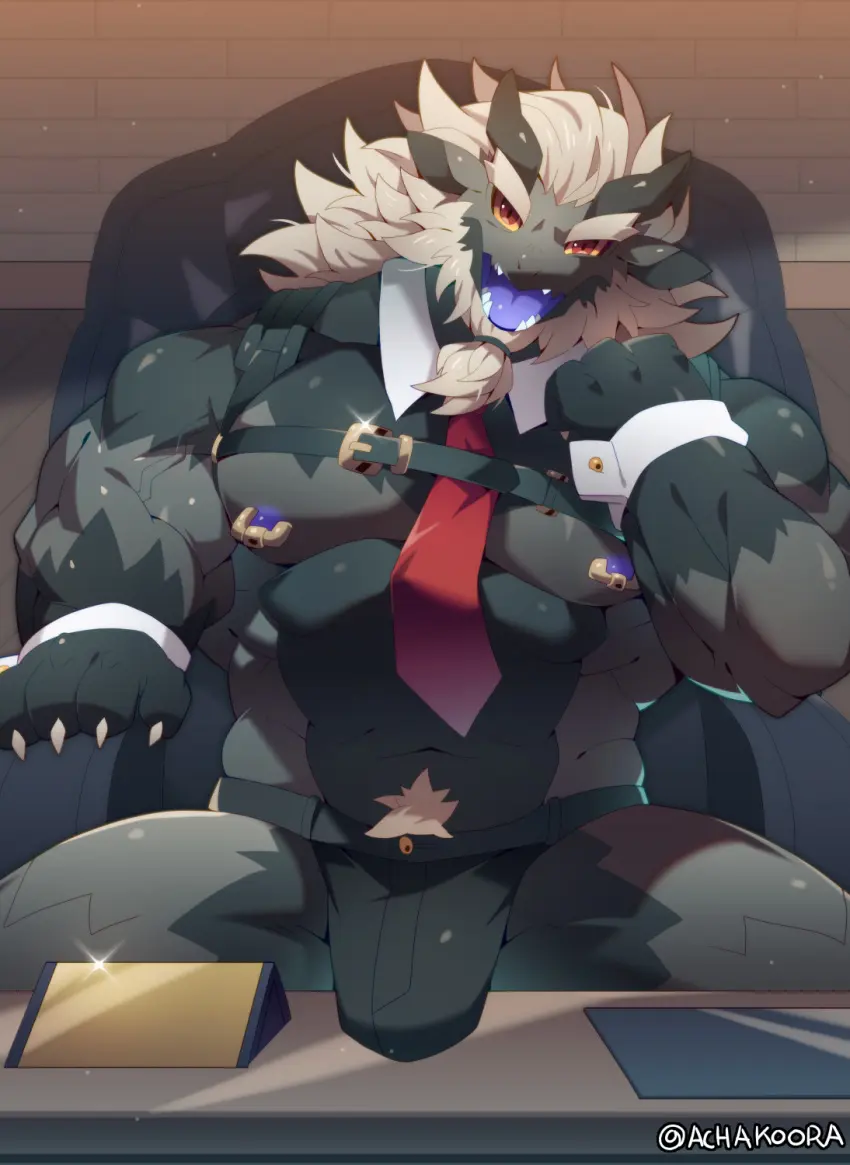 Image clothed,clothing,grey_hair,hi_res,long_hair,looking_at_viewer,nipples,open_mouth,red_eyes,solo,male,navel,tongue,underwear,colored,muscular,muscular_male,digital_media_(artwork),shaded,teeth,hair,anthro,piercing,spread_legs,spreading,mythology,sitting,inviting,bulge,topless,presenting,genitals,grey_body,inside,multicolored_body,two_tone_body,biceps,claws,muscular_anthro,pecs,black_body,blue_nipples,horn,belt,thong,glistening,glistening_body,2024,biped,scales,scalie,necktie,nipple_piercing,abs,4_fingers,fingers,front_view,big_muscles,furniture,markings,mythological_creature,big_bulge,dragon,mythological_scalie,table,detailed_background,gloves_(marking),pubes,beard,office,black_horn,topless_male,black_underwear,chair,black_clothing,shirt_collar,yellow_sclera,black_scales,facial_hair,portrait,nipple_ring,pupils,countershade_torso,countershading,kemono,ring_piercing,male_anthro,finger_claws,multicolored_scales,two_tone_scales,monotone_hair,white_claws,red_necktie,blue_tongue,half-length_portrait,black_thong,countershade_scales,grey_ears,grey_scales,black_inner_ear,armchair,topless_anthro,countershade_legs,glistening_scales,achakura,araya_(achakura),beard_ponytail,black_countershading,reverse_countershading,chest_belt,shirt_cuffs