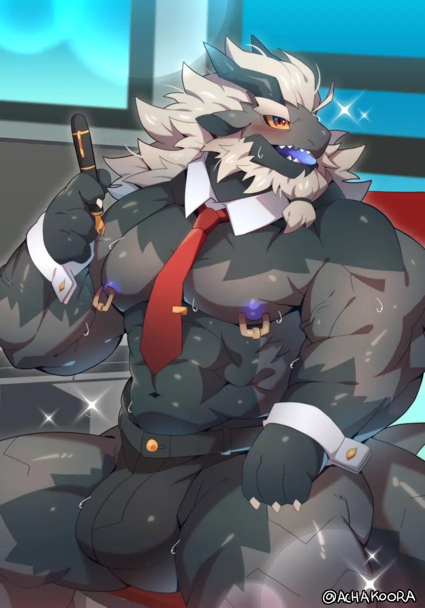 Image 2023,blush,clothed,clothing,grey_hair,hi_res,long_hair,looking_at_viewer,nipples,open_mouth,red_eyes,solo,male,navel,sweat,tail,black_tail,tongue,underwear,colored,thick_thighs,muscular,muscular_male,digital_media_(artwork),shaded,teeth,hair,anthro,piercing,mythology,sitting,ahoge,bulge,topless,bodily_fluids,grey_body,holding_object,inside,multicolored_body,two_tone_body,biceps,claws,muscular_anthro,pecs,black_body,blue_nipples,horn,thong,glistening,glistening_body,biped,scales,scalie,necktie,nipple_piercing,abs,4_fingers,fingers,front_view,window,big_muscles,furniture,markings,mythological_creature,big_bulge,dragon,mythological_scalie,detailed_background,gloves_(marking),beard,black_horn,topless_male,black_underwear,chair,black_clothing,shirt_collar,yellow_sclera,black_scales,facial_hair,sparkles,portrait,nipple_ring,multicolored_tail,pupils,countershade_torso,countershading,kemono,ring_piercing,male_anthro,finger_claws,multicolored_scales,two_tone_scales,monotone_hair,white_claws,three-quarter_view,red_necktie,blue_tongue,three-quarter_portrait,countershade_tail,black_thong,countershade_scales,grey_ears,grey_tail,grey_scales,black_inner_ear,holding_pen,two_tone_tail,pen,topless_anthro,countershade_legs,glistening_scales,fountain_pen,achakura,araya_(achakura),beard_ponytail,black_countershading,reverse_countershading,shirt_cuffs