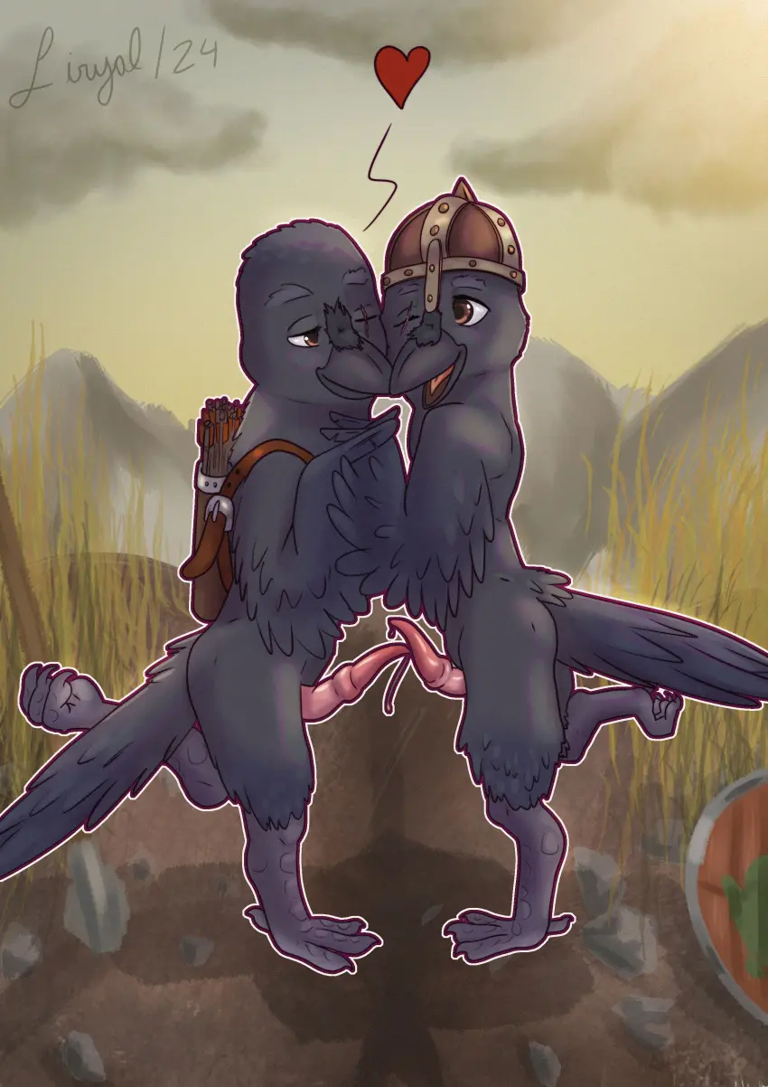 Image hi_res,open_mouth,smile,male,nude,penis,tongue,duo,male/male,headgear,anthro,mythology,absurd_res,european_mythology,genital_fluids,bodily_fluids,genitals,precum,looking_at_another,belt,eye_contact,norse_mythology,precum_drip,dripping,avian,bird,weapon,mountain,corvid,corvus_(genus),oscine,passerine,heart_symbol,anatomically_correct,anatomically_correct_genitalia,armor,arrow_(weapon),quiver_(object),ranged_weapon,helmet,melee_weapon,anatomically_correct_penis,polearm,shield,spear,raven,liryal,huginn_(mythology),muninn_(mythology)