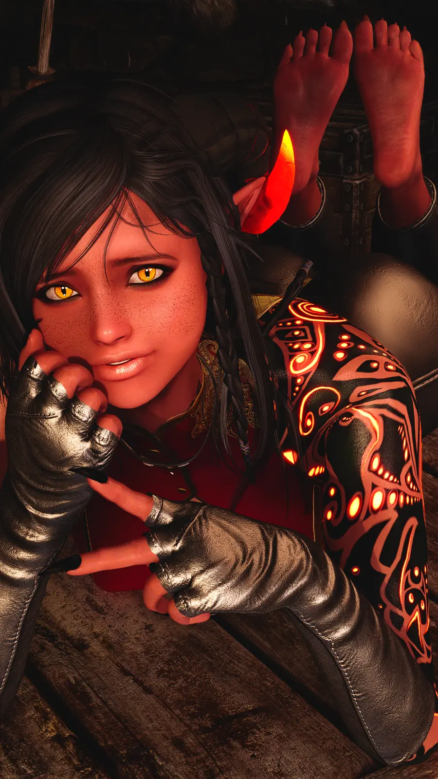 Image 1girls,breasts,breasts_out,clothed,clothing,female,long_hair,looking_at_viewer,red_eyes,tongue_out,yellow_eyes,tongue,thick_thighs,barefoot,kneeling,orange_eyes,freckles,feet,smiling,smiling_at_viewer,shy,side_view,tattoo,tagme,naked,demon,petite,curvy,curvy_hips,looking_pleasured,indoors,3d,self_upload,cute,demon_girl,soles,horn,curvaceous,red_skin,cute_face,toes,sharp_nails,red_body,succubus,peace_sign,the_elder_scrolls,looking_up,skyrim,futanemesislol,laufey(futanemesislol)