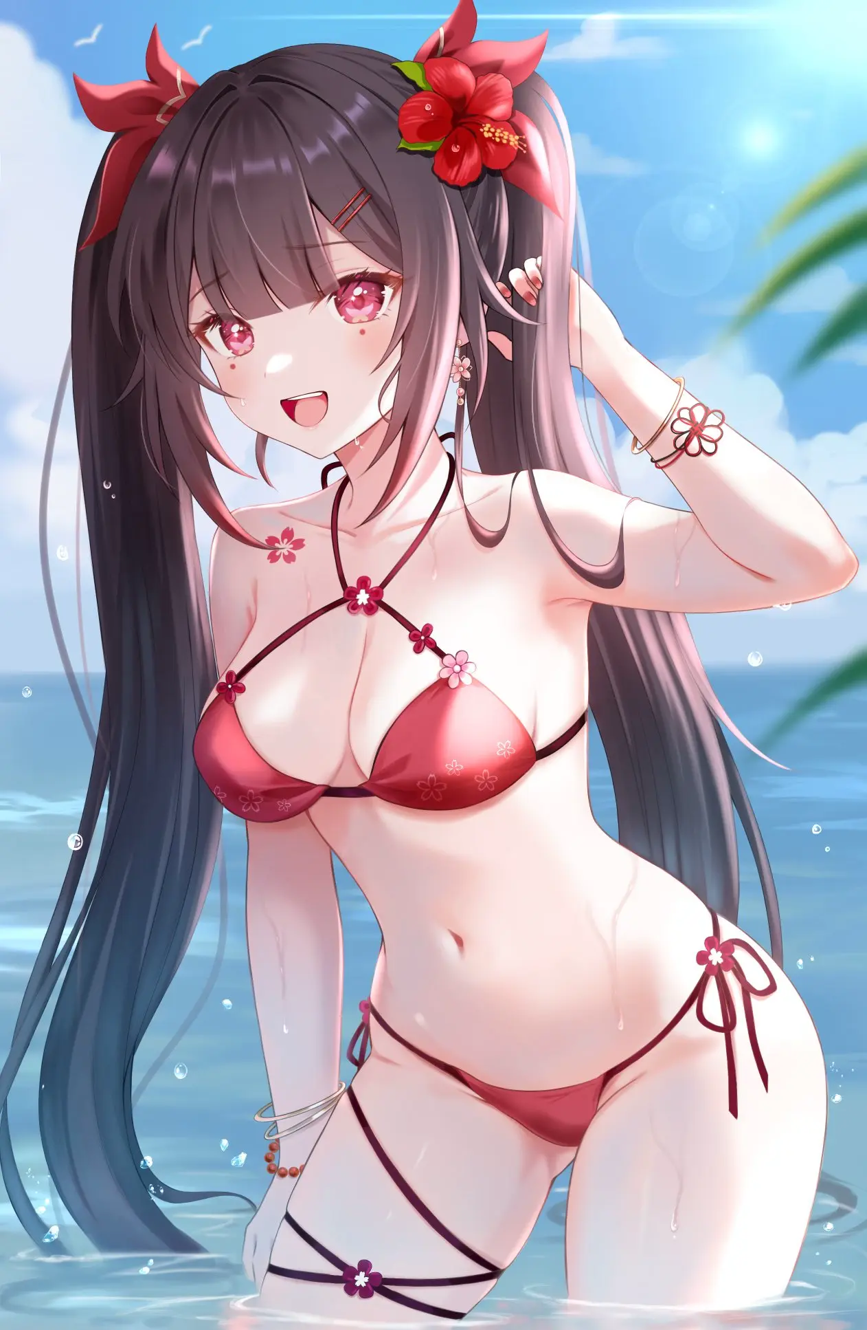 Image 1girls,blush,breasts,female,female_only,highres,light-skinned_female,light_skin,long_hair,looking_at_viewer,open_mouth,red_eyes,solo,standing,bikini,bra,female_focus,smiling_at_viewer,water,flower_in_hair,ocean,sky,standing_in_water,belly_button,cleavage,solo_female,2d,medium_breasts,swimsuit,artist_request,brown_hair,outdoors,twintails,hourglass_figure,alternate_costume,flower,2d_(artwork),young,high_resolution,thong,front_view,younger_female,day,mihoyo,summer,hoyoverse,clouds,thong_bikini,two_piece_swimsuit,honkai:_star_rail,red_nails,honkai_(series),sparkle_(honkai:_star_rail),red_bikini,long_twintails,seagulls